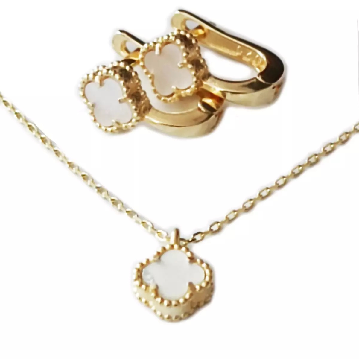 Les Trésors De Lily Parure Argent 'Trèfle à 4 Feuilles' Blanc Doré 7 Mm (boucles + Pendentif) [S1233]