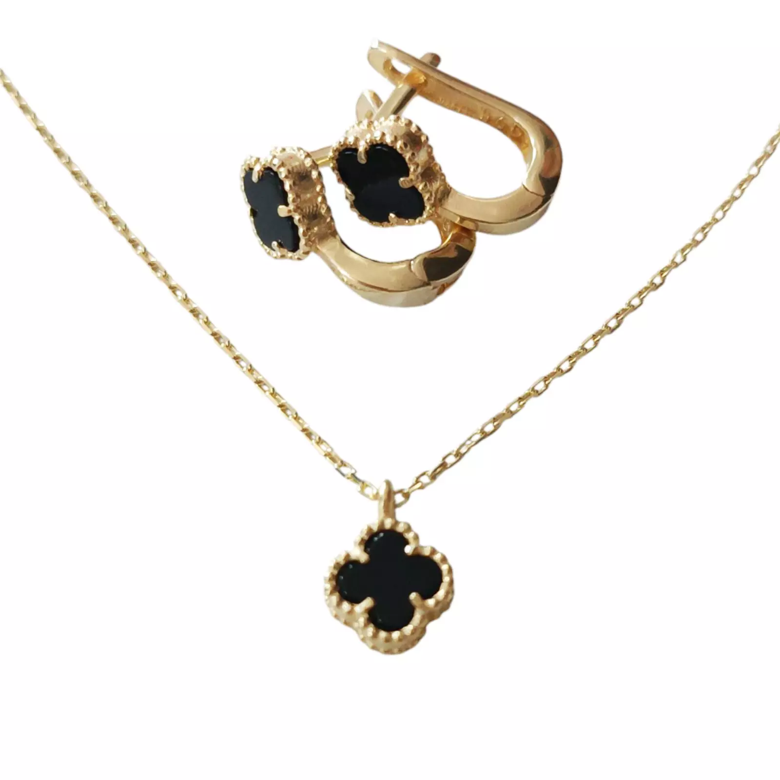 Les Trésors De Lily Parure Argent 'Trèfle à 4 Feuilles' Noir Doré 7 Mm (boucles + Pendentif) [S1232]
