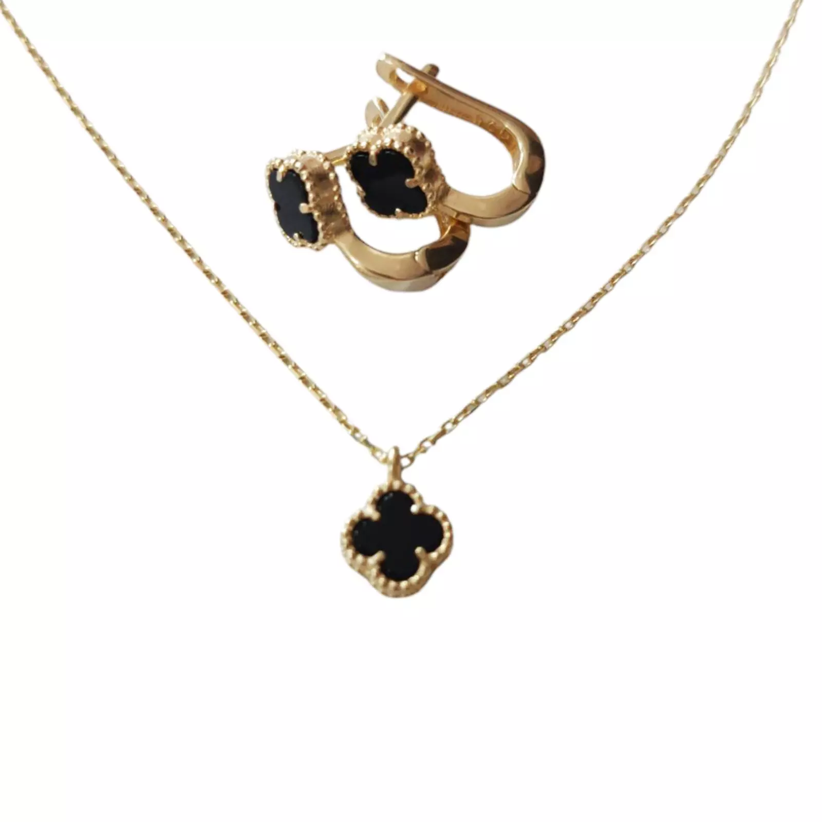 Les Trésors De Lily Parure Argent 'Trèfle à 4 Feuilles' Noir Doré 7 Mm (boucles + Pendentif) [S1232]