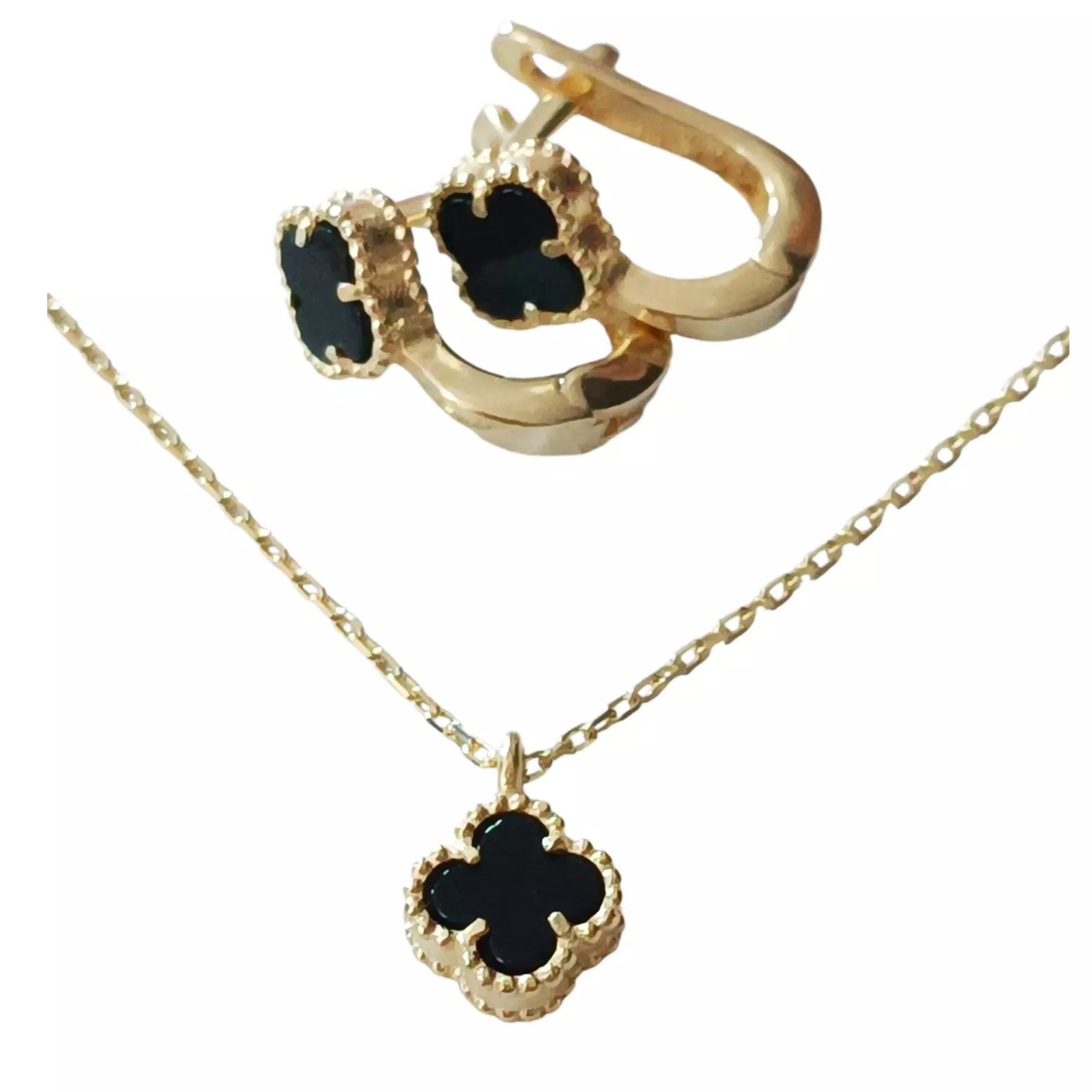 les trésors de lily Parure Argent 'Trèfle à 4 Feuilles' noir doré 7 mm (boucles + pendentif) [S1232]