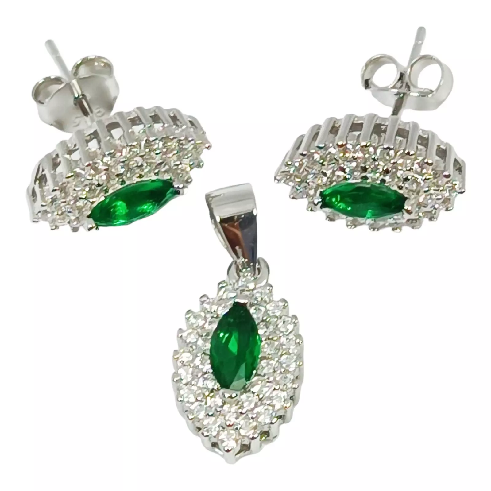 Les Trésors De Lily Parure Argent 'Victorina' émeraude Argent Rhodié (pendentif Et Boucles D'oreilles) 13x8 Mm [S0791]