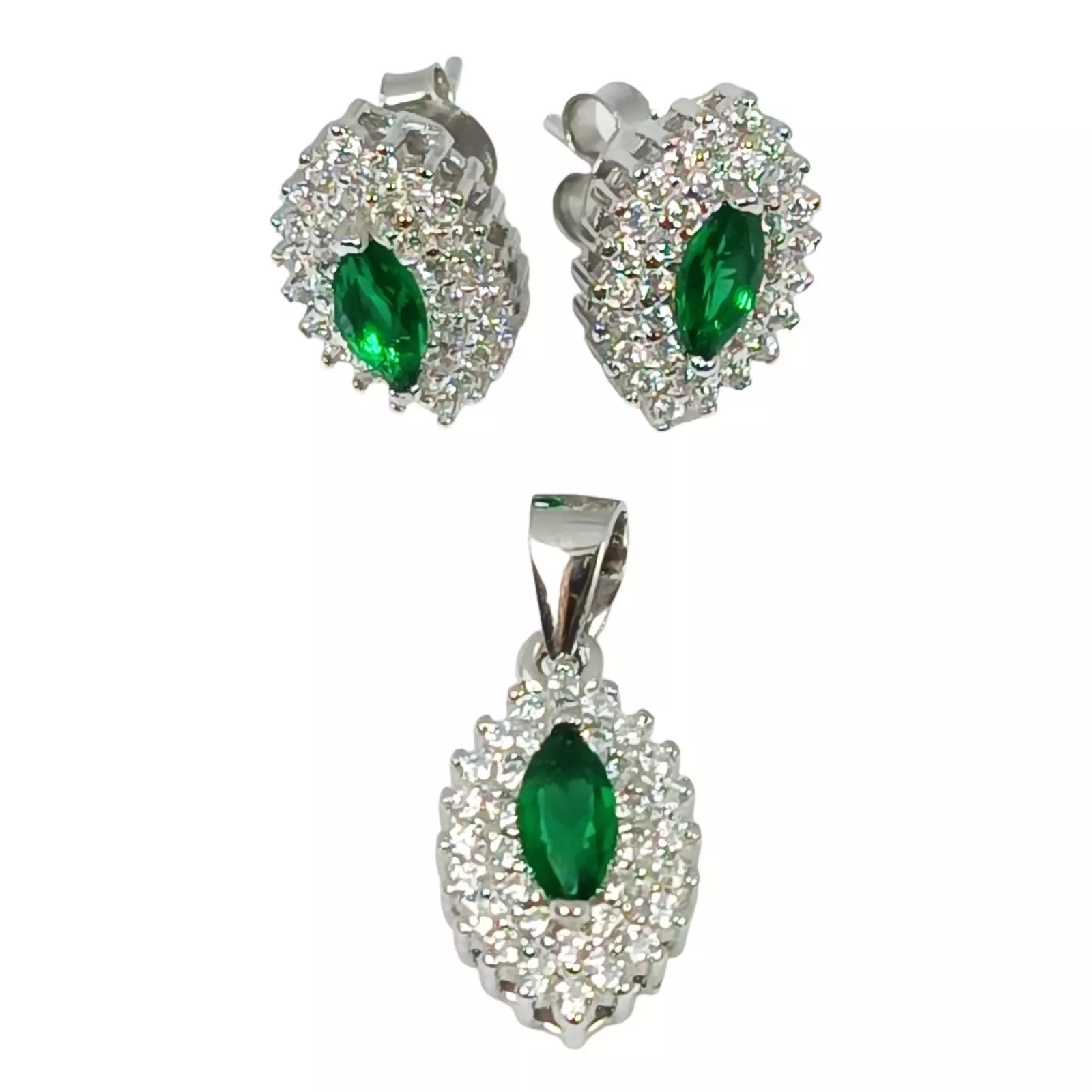 Les Trésors De Lily Parure Argent 'Victorina' émeraude Argent Rhodié (pendentif Et Boucles D'oreilles) 13x8 Mm [S0791]