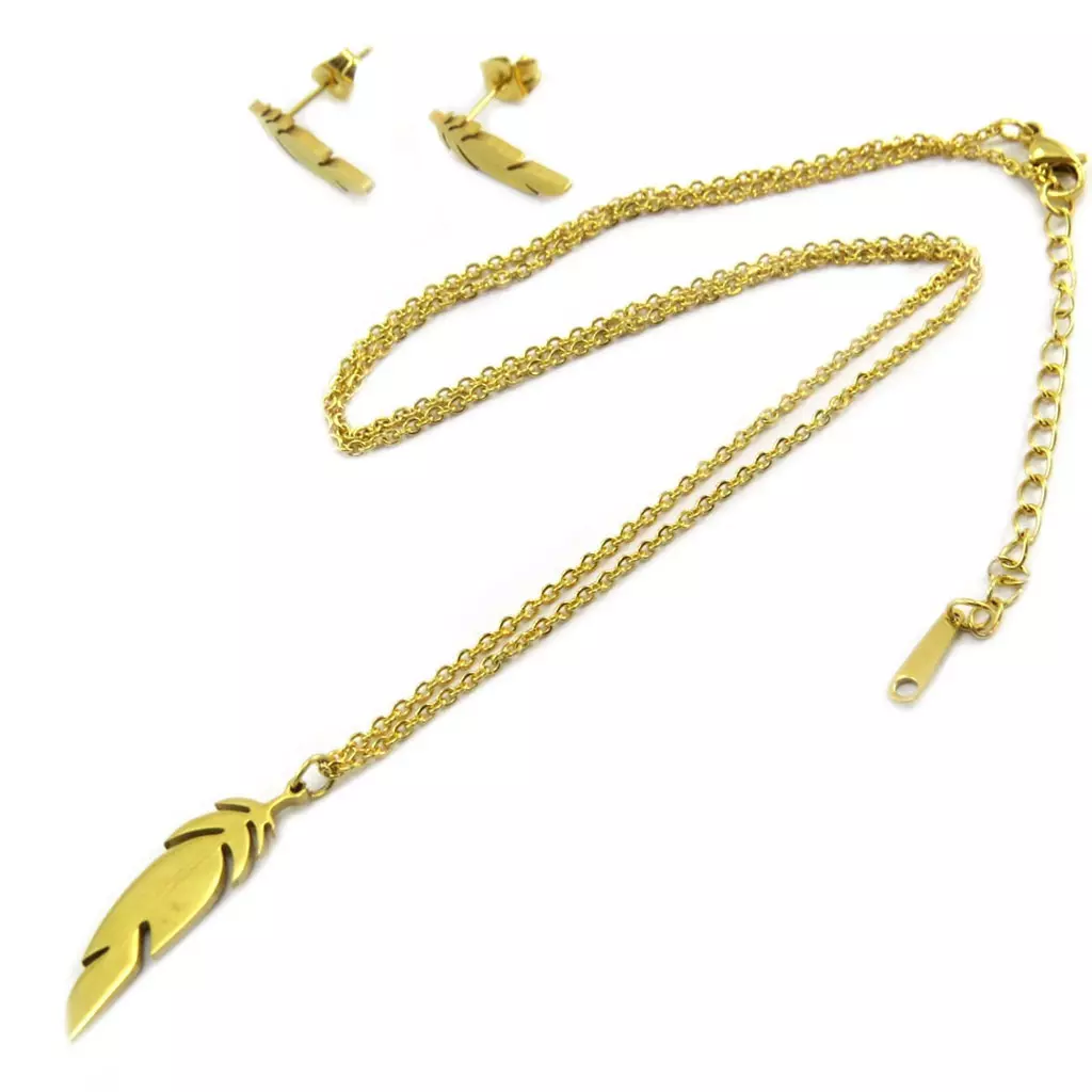 Les Trésors De Lily Parure Collier + Boucles Acier 'Navajos' Doré (plumes) [P5057]