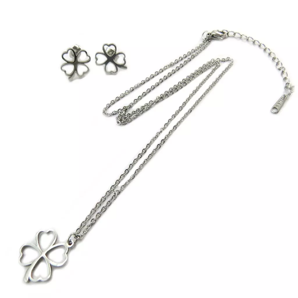 Les Trésors De Lily Parure Collier + Boucles Acier 'Trèfle' Argenté [P5054]