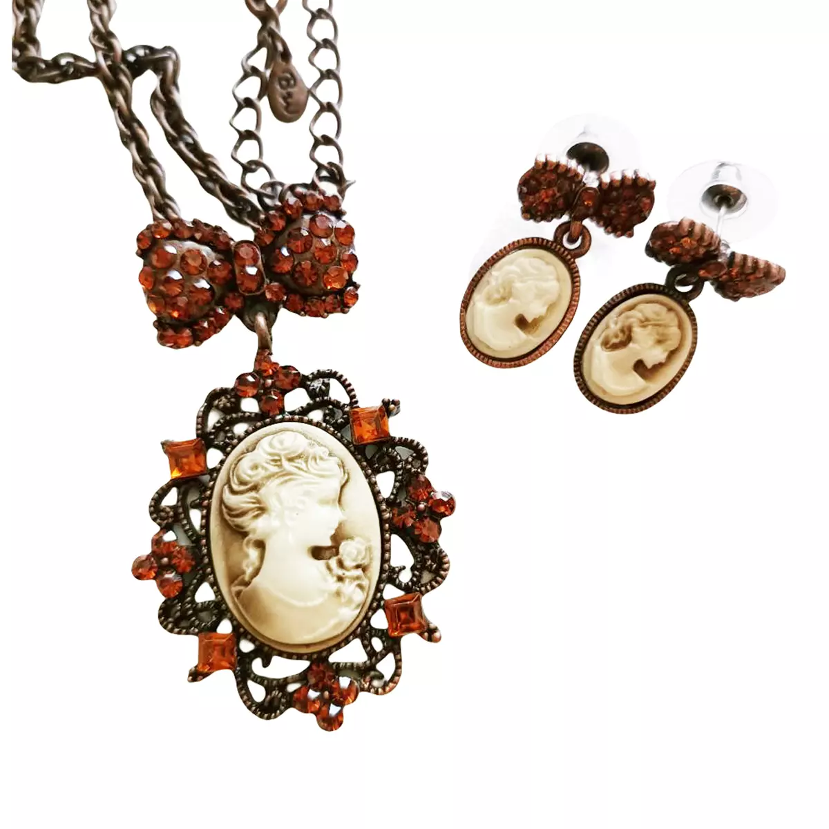 les trésors de lily Parure Créateur 'Camee' ambre doré vieilli 55x35 mm boucles 25x15 mm [G9653]
