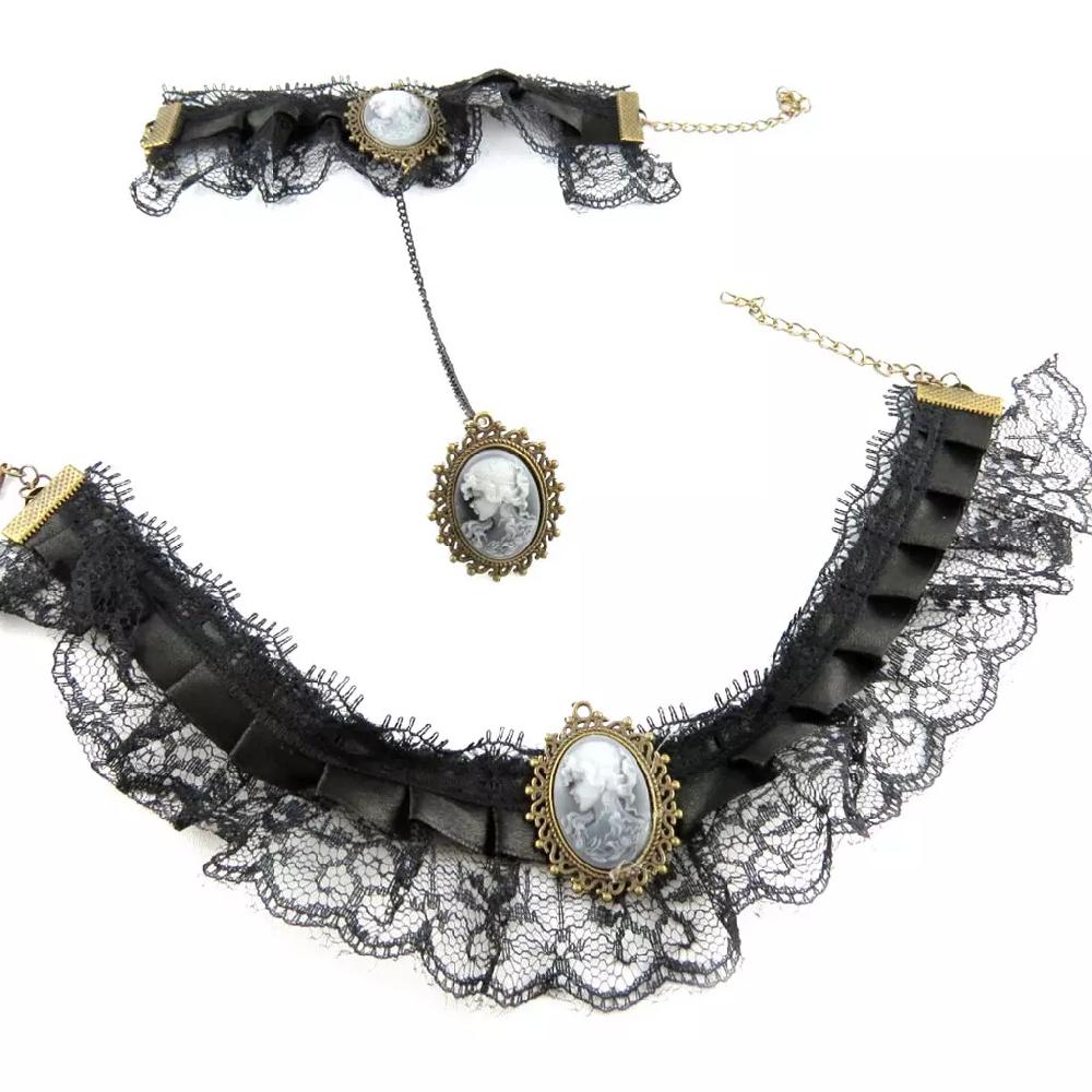 les trésors de lily Parure créateur 'Camée' noir (dentelle) collier et bracelet [K7229]