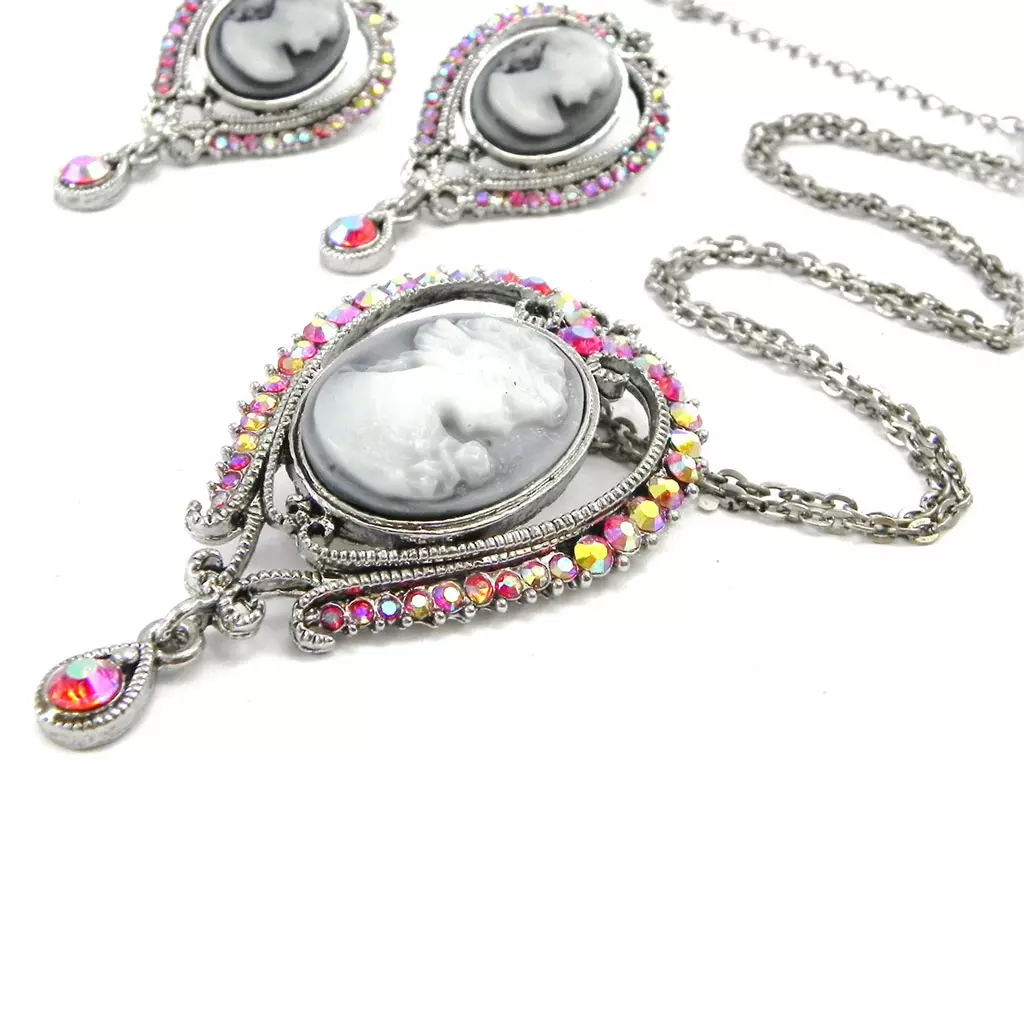 Les Trésors De Lily Parure Créateur 'Camee' Rose Gris 65x35 Mm [I3129]