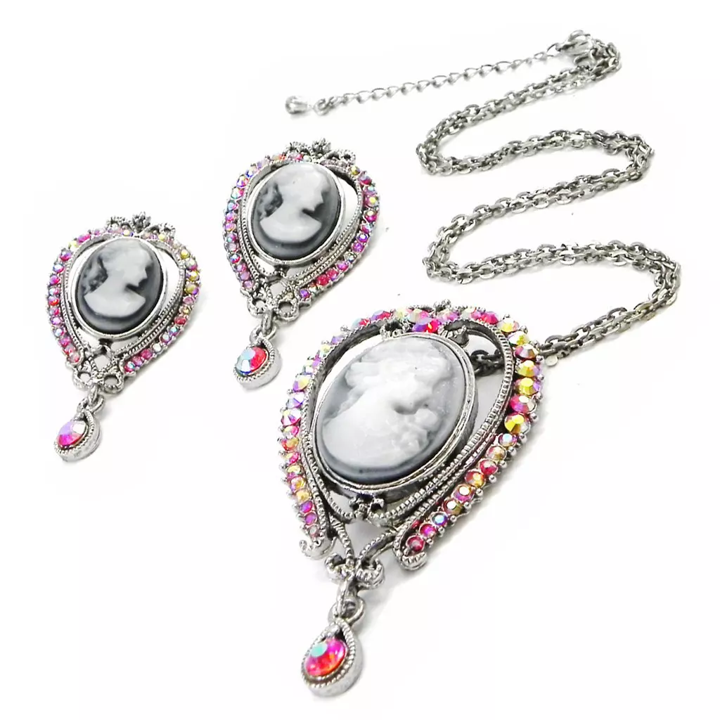 les trésors de lily Parure Créateur 'Camee' rose gris 65x35 mm [I3129]