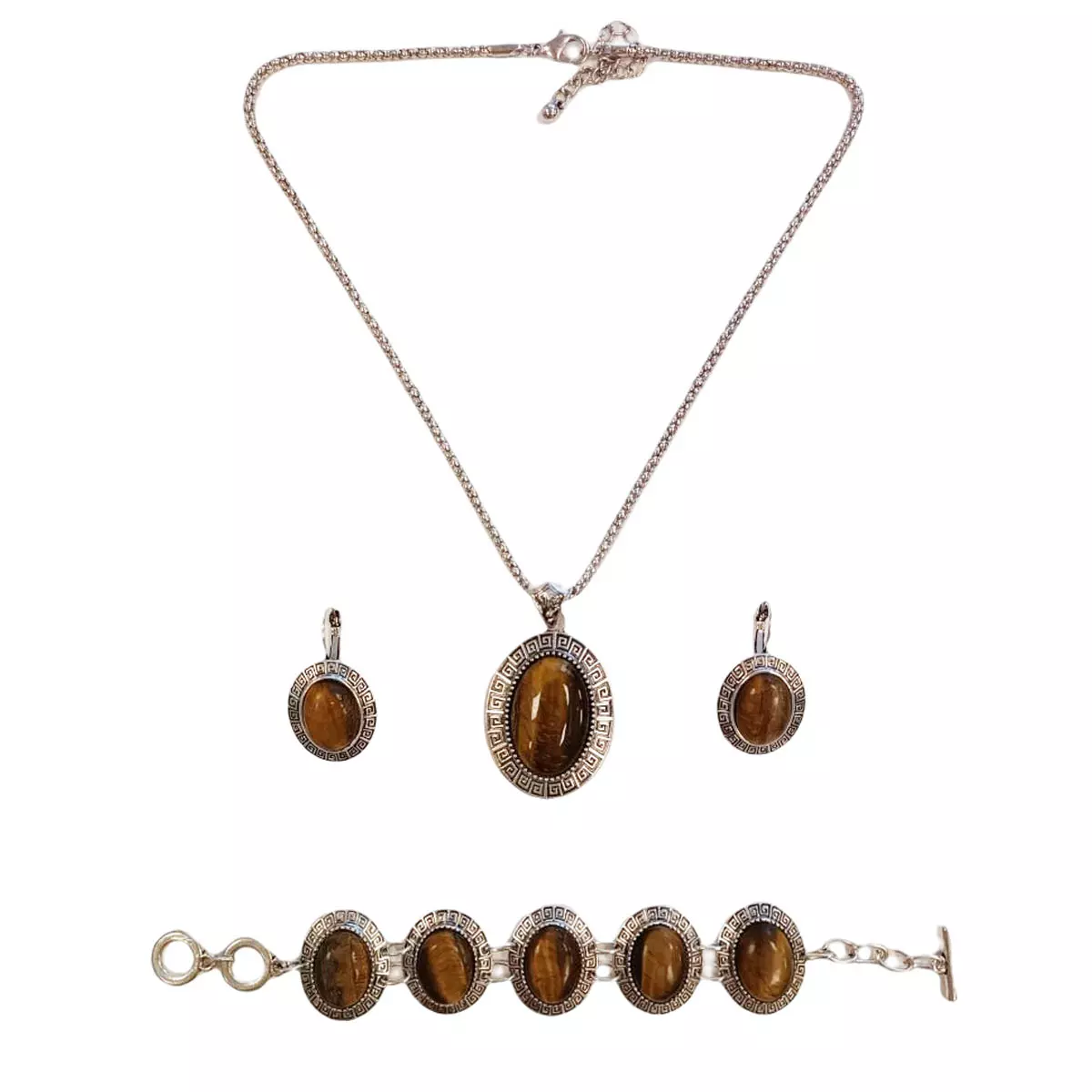 Les Trésors De Lily Parure Créateur 'Cleopatra' Oeil De Tigre Argenté 3 Pièces 45x30 Mm [R9208]