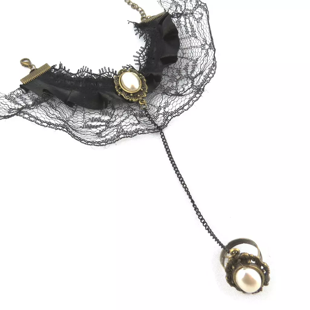 Les Trésors De Lily Parure Créateur 'Courtisanes' Noir (dentelle) Collier Et Bracelet [K7228]
