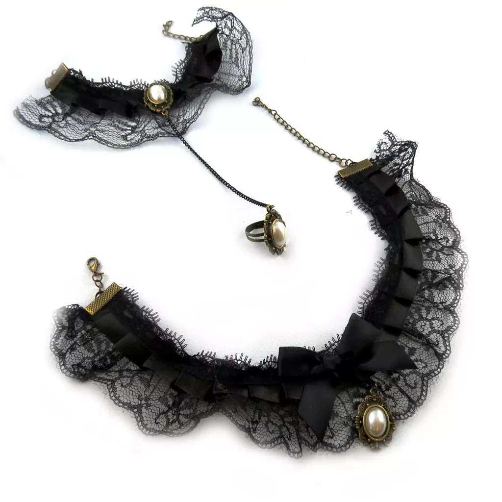 les trésors de lily Parure créateur 'Courtisanes' noir (dentelle) collier et bracelet [K7228]
