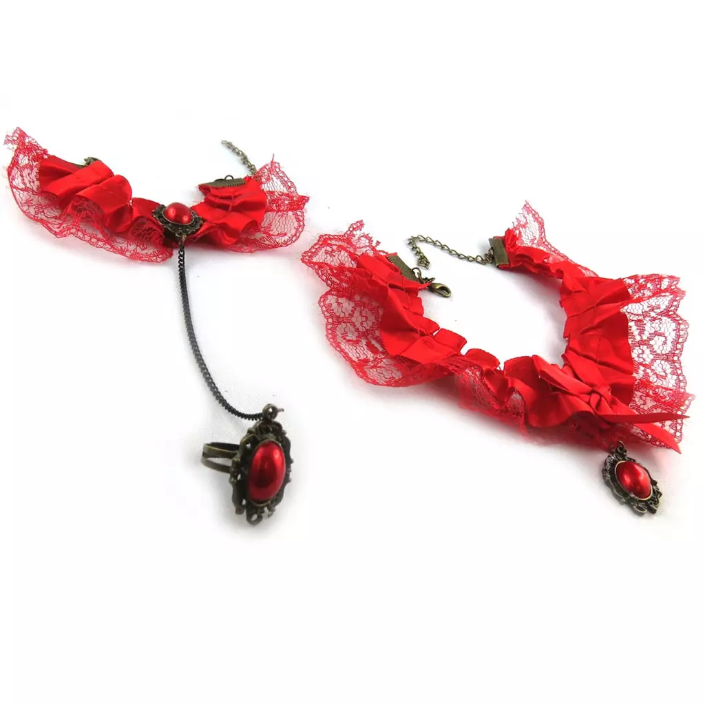 Les Trésors De Lily Parure Créateur 'Courtisanes' Rouge (dentelle) Collier Et Bracelet [K7227]