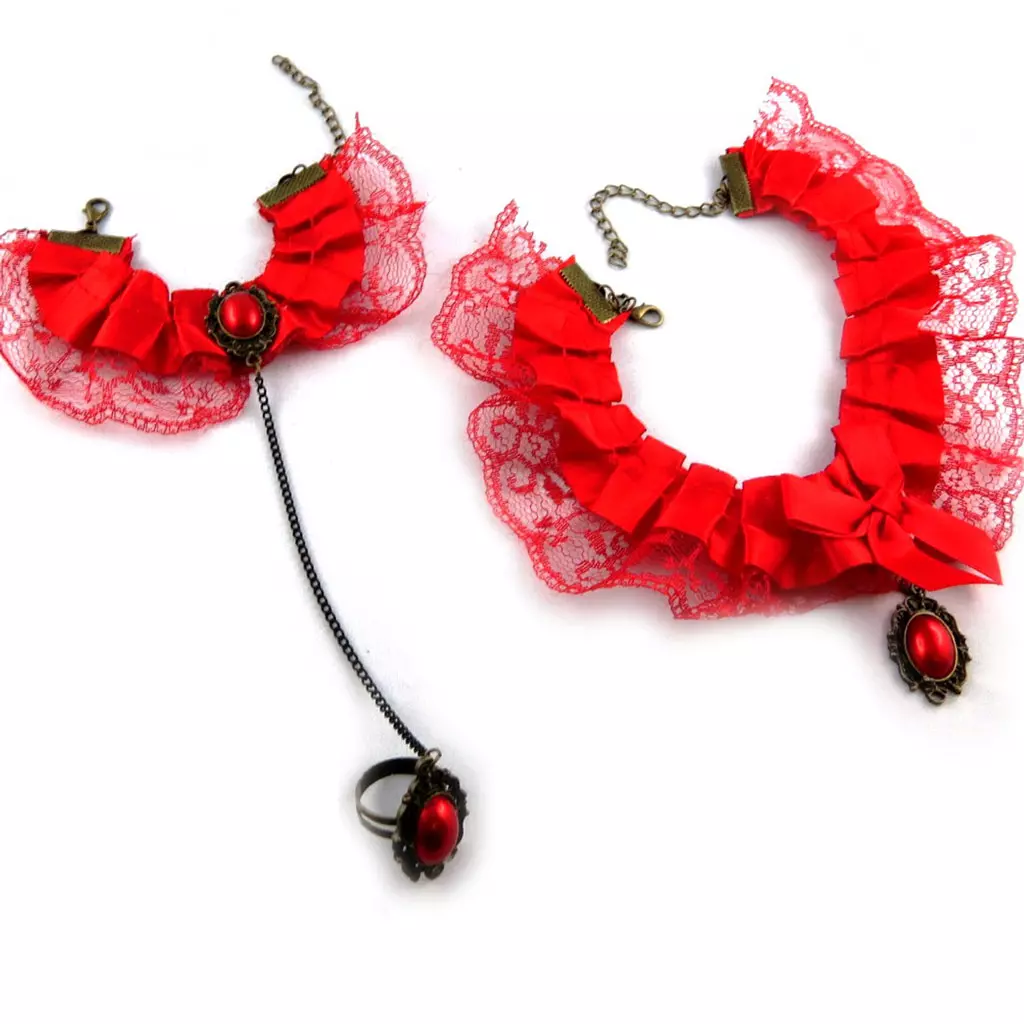 Les Trésors De Lily Parure Créateur 'Courtisanes' Rouge (dentelle) Collier Et Bracelet [K7227]