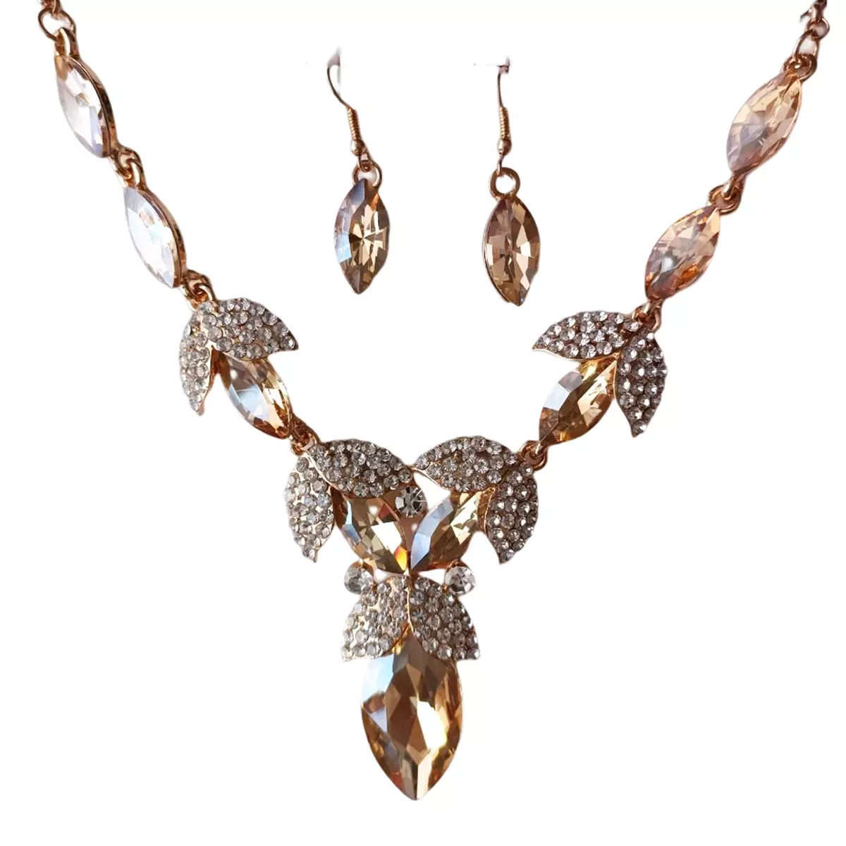 les trésors de lily Parure créateur 'Sissi' champagne blanc (collier + boucles) motif 12x5 cm [R7368]
