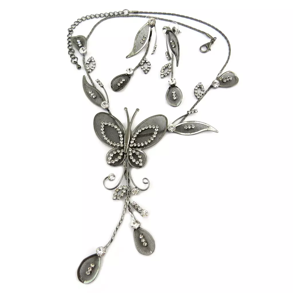 les trésors de lily Parure créateur 'Sissi' gris (collier + boucles) papillon [P7276]