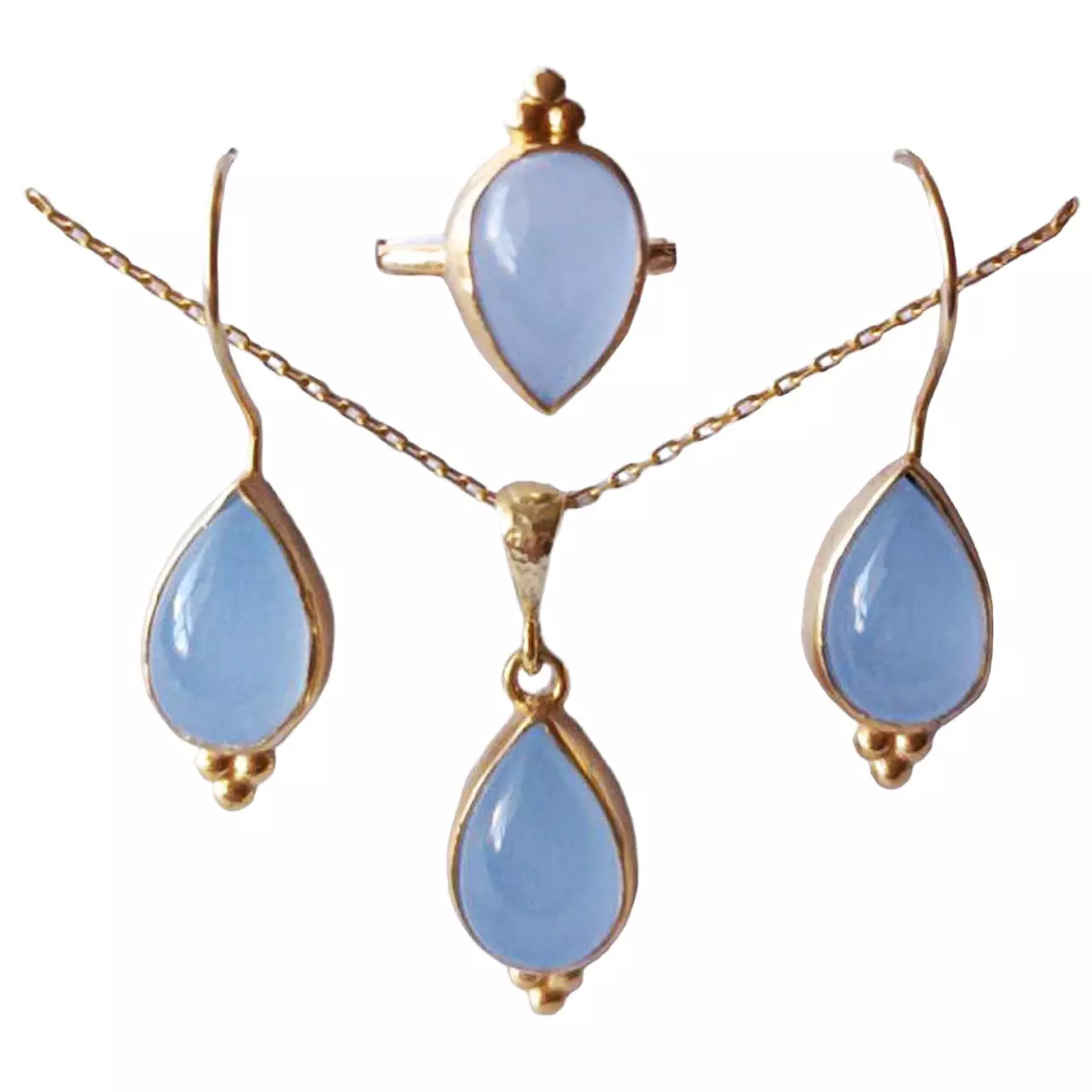 Les Trésors De Lily Parure De Bijoux Argent Artisanale 'Cléopatra' Bleu Lavande Doré 18x9 Mm (collier Bague Et Boucles D'oreilles) [R9681]
