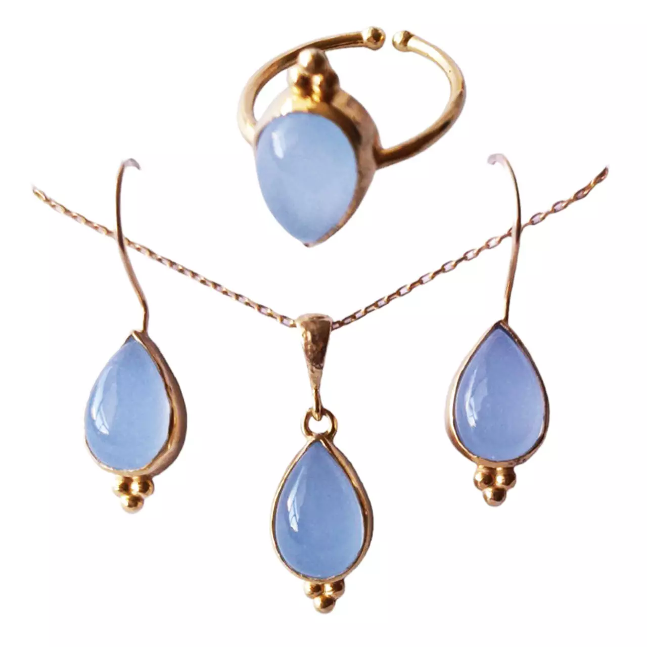 Les Trésors De Lily Parure De Bijoux Argent Artisanale 'Cléopatra' Bleu Lavande Doré 18x9 Mm (collier Bague Et Boucles D'oreilles) [R9681]