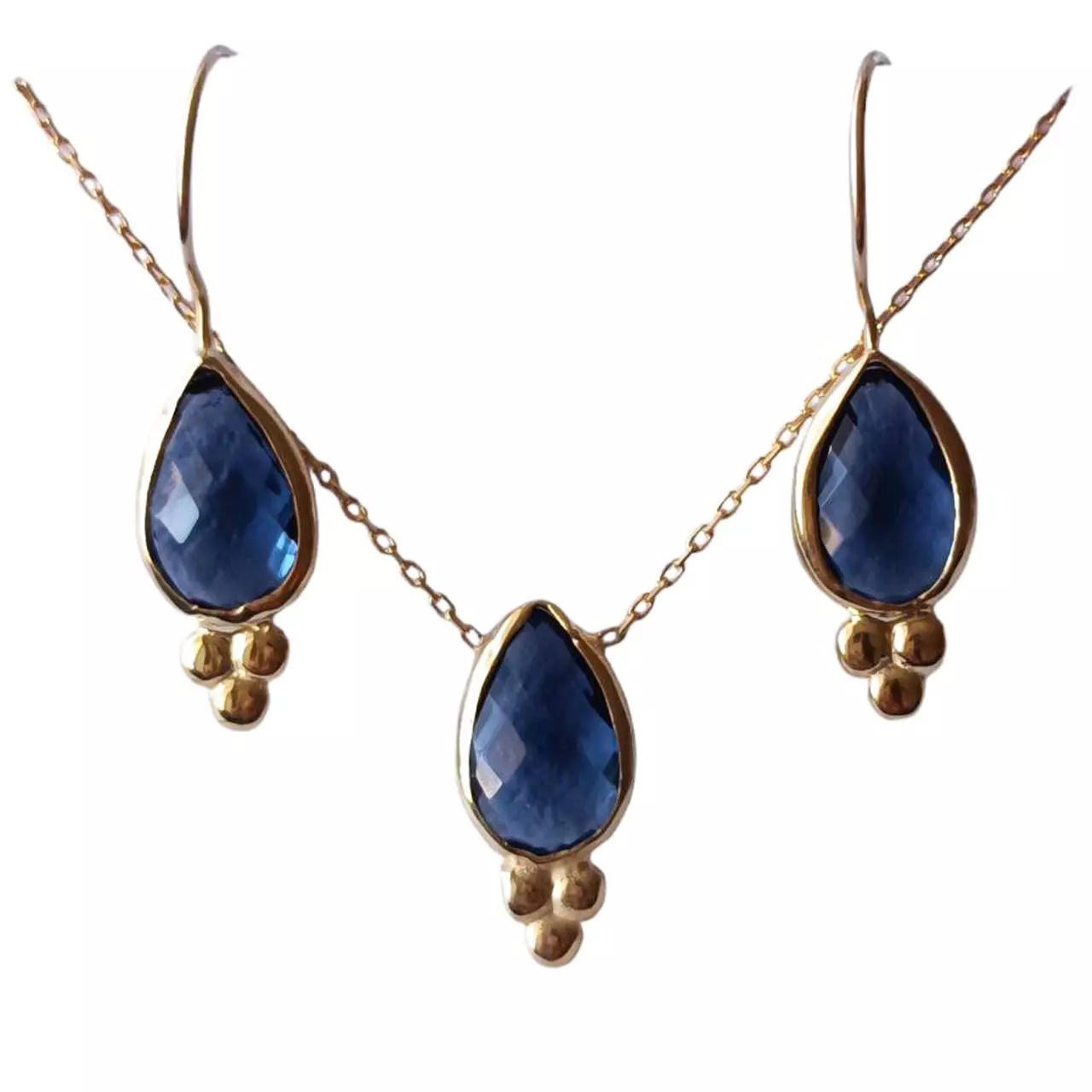Les Trésors De Lily Parure De Bijoux Argent Artisanale 'Cléopatra' Bleu Doré 18x9 Mm (collier Et Boucles D'oreilles) [R9678]