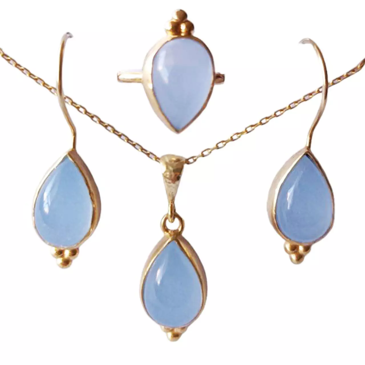 les trésors de lily Parure de bijoux Argent artisanale 'Cléopatra' bleu lavande doré 18x9 mm (collier bague et boucles d'oreilles) [R9681]