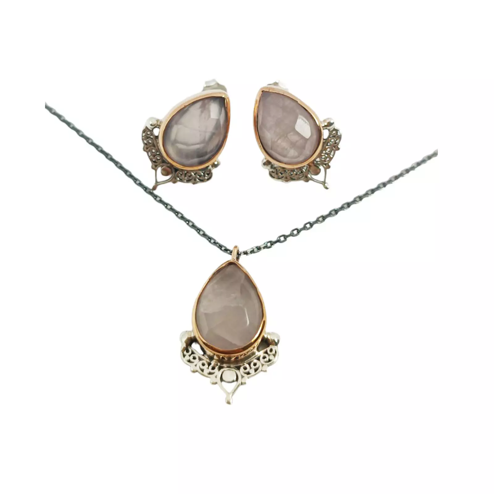 Les Trésors De Lily Parure De Bijoux Argent Artisanale 'Cléopatra' Quartz Rose Doré 20x15 Mm (collier Et Boucles D'oreilles) [S0806]