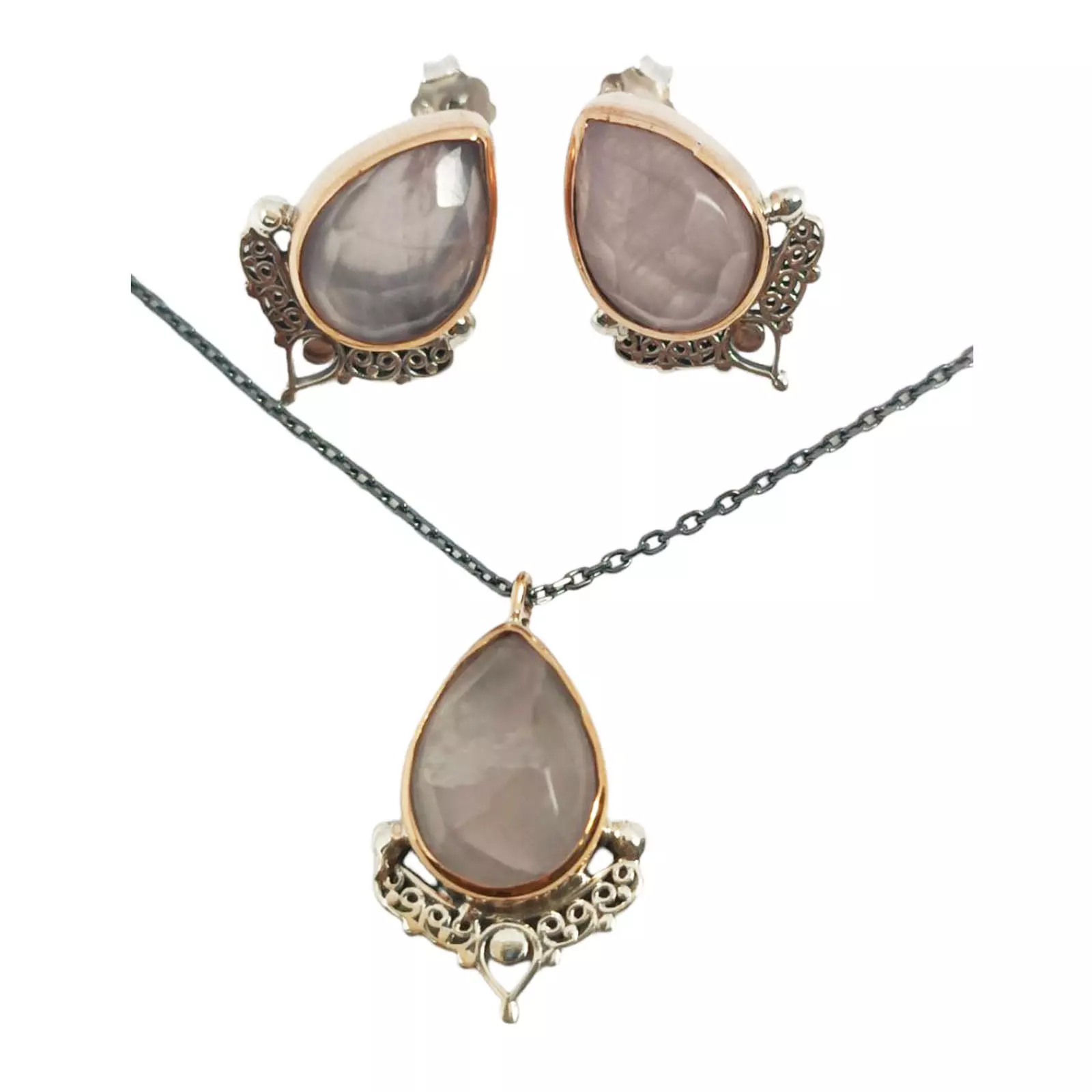 Les Trésors De Lily Parure De Bijoux Argent Artisanale 'Cléopatra' Quartz Rose Doré 20x15 Mm (collier Et Boucles D'oreilles) [S0806]