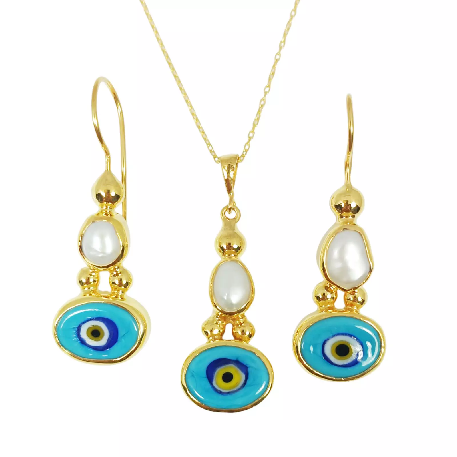 Les Trésors De Lily Parure De Bijoux Argent Artisanale 'Cléopatra' Turquoise Doré 30x13 Mm (collier Et Boucles D'oreilles) [S0807]