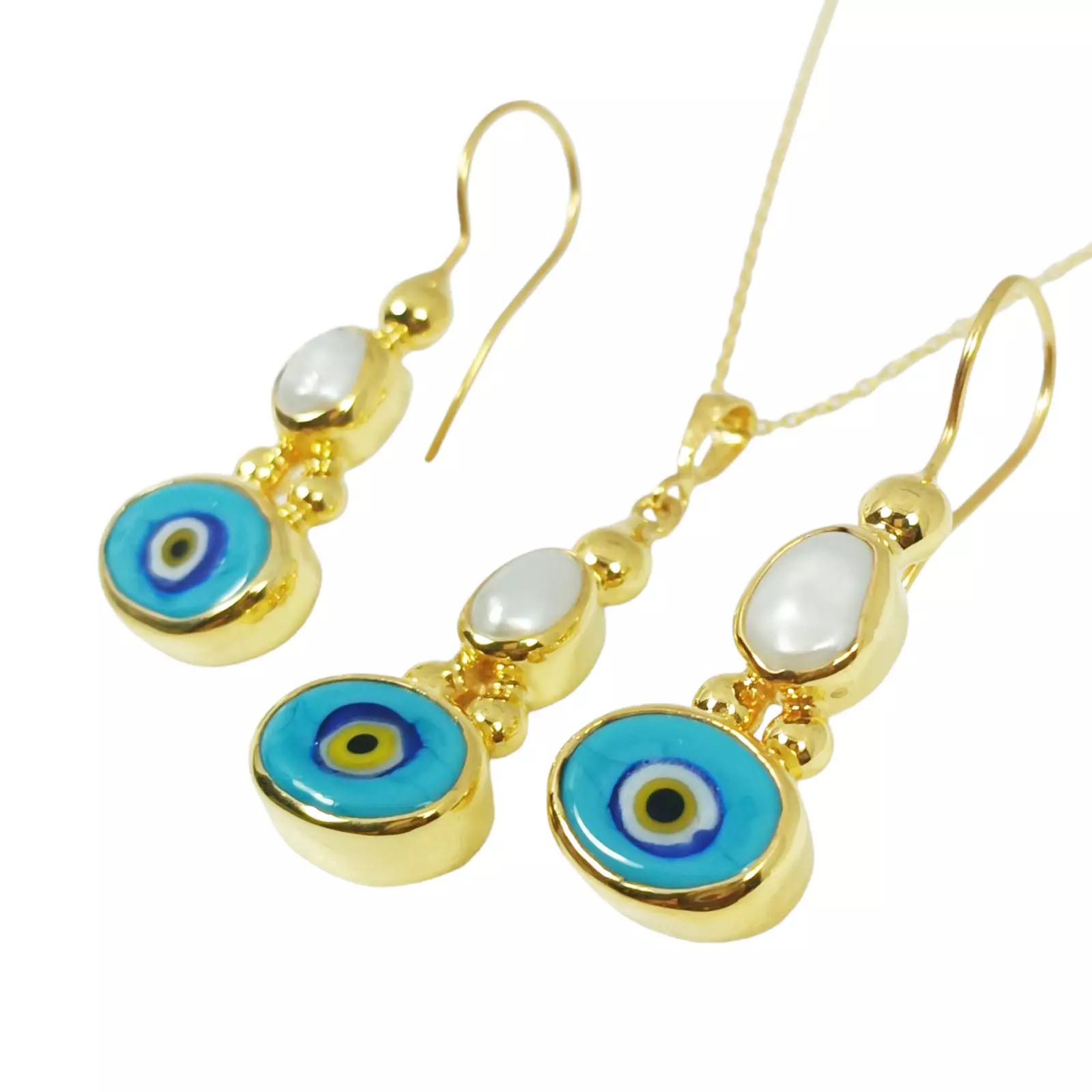 Les Trésors De Lily Parure De Bijoux Argent Artisanale 'Cléopatra' Turquoise Doré 30x13 Mm (collier Et Boucles D'oreilles) [S0807]