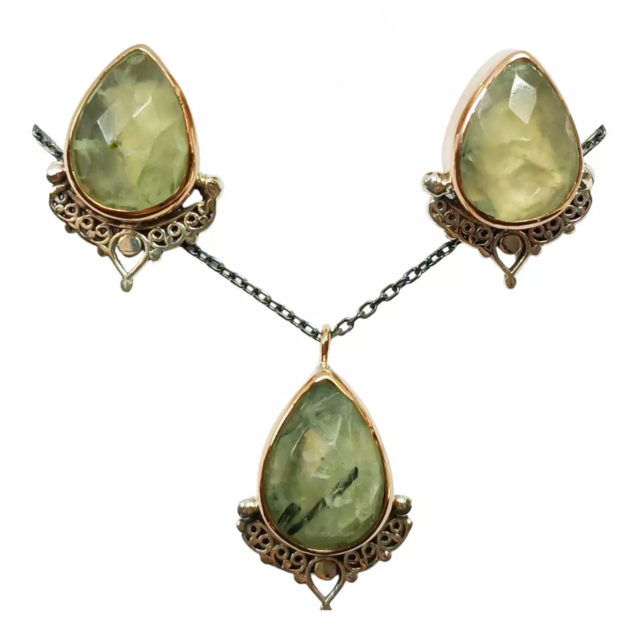 Les Trésors De Lily Parure De Bijoux Argent Artisanale 'Cléopatra' Vert Doré 20x15 Mm (collier Et Boucles D'oreilles) [R9683]