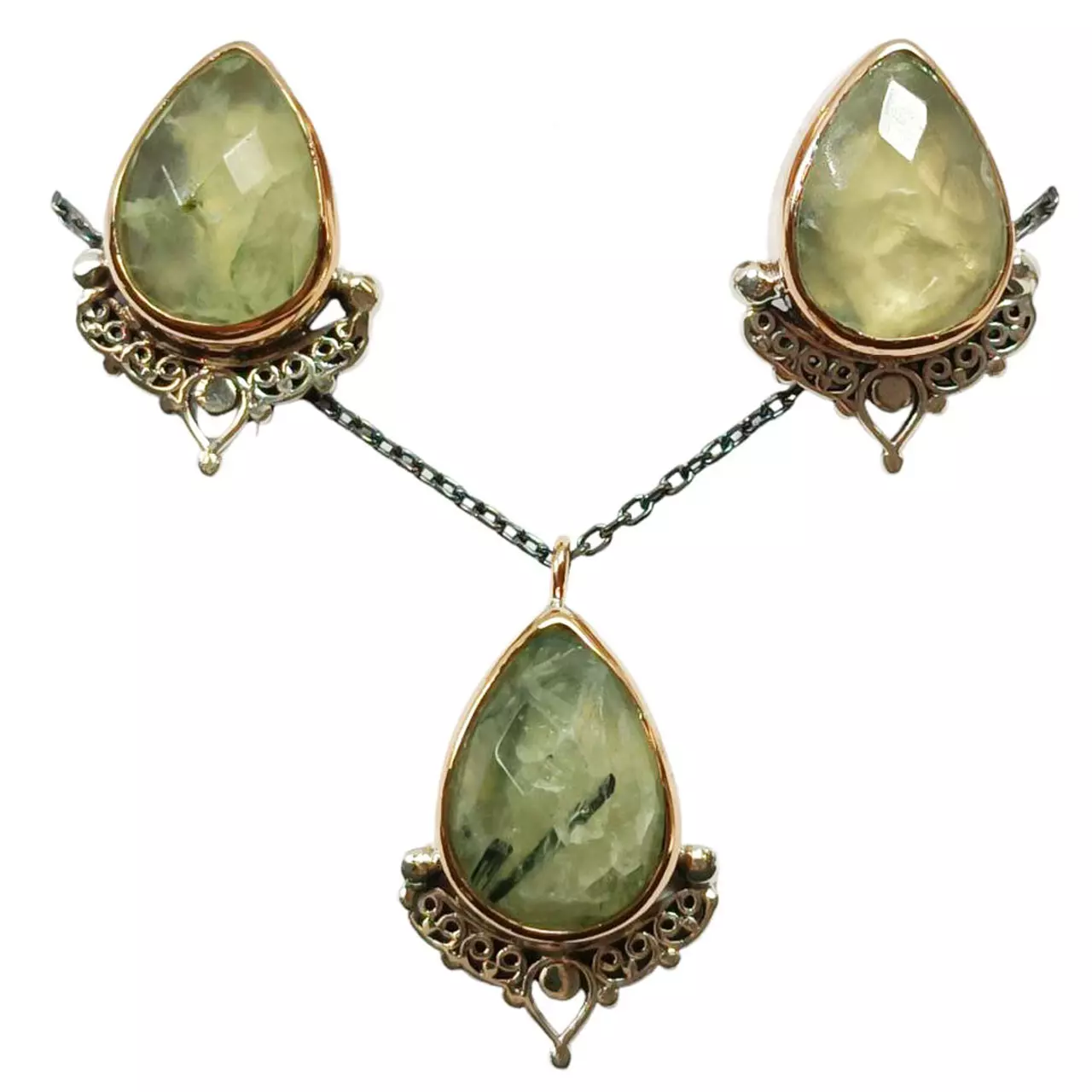 les trésors de lily Parure de bijoux Argent artisanale 'Cléopatra' vert doré 20x15 mm (collier et boucles d'oreilles) [R9683]