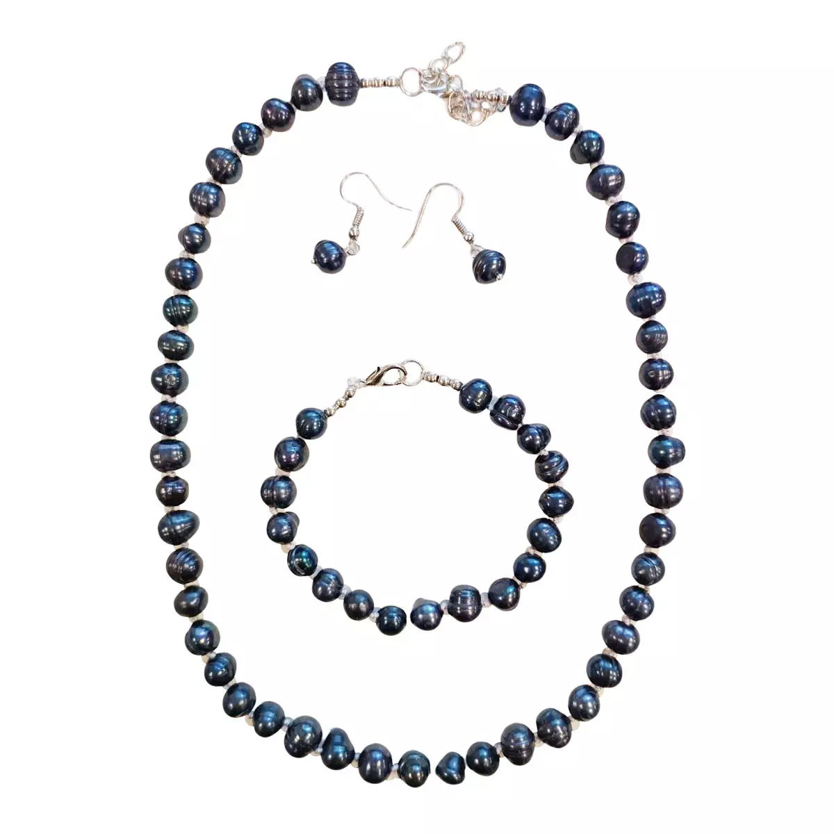 les trésors de lily Parure de perles 'Beauté BIWA' marine argenté 3 pièces 7 mm [R9217]