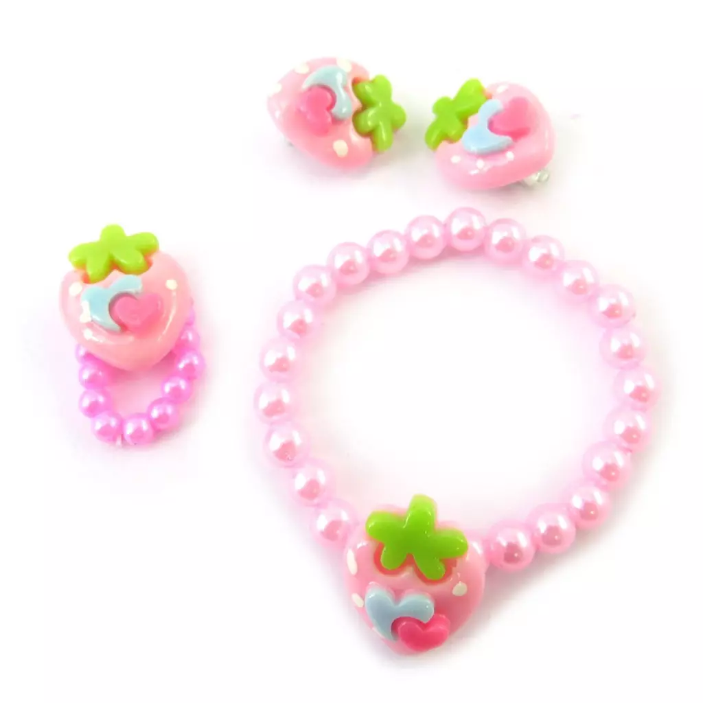 Les Trésors De Lily Parure 'Fraises' Rose Vert (bracelet Bague Boucles) [N5065]