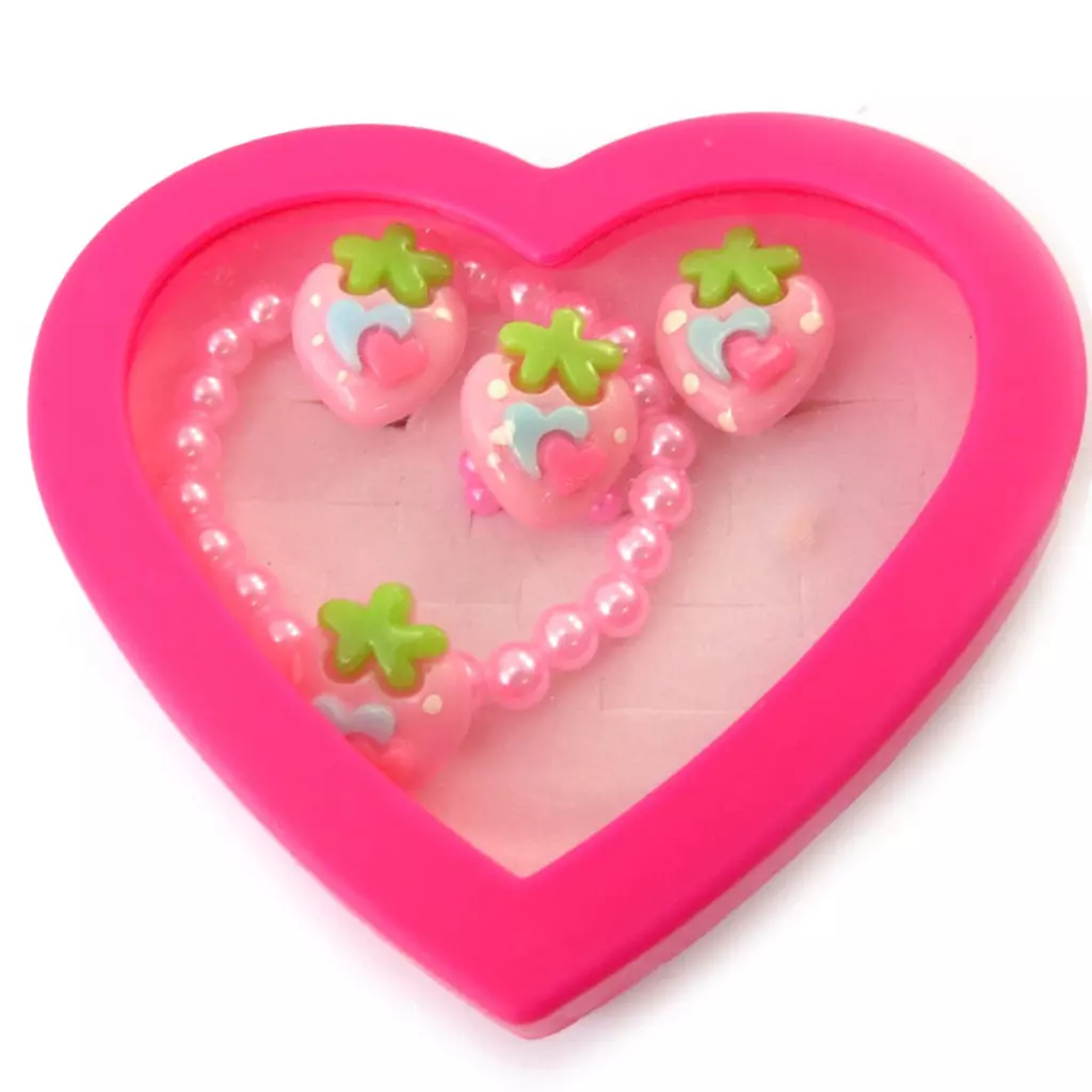 les trésors de lily Parure 'Fraises' rose vert (bracelet bague boucles) [N5065]