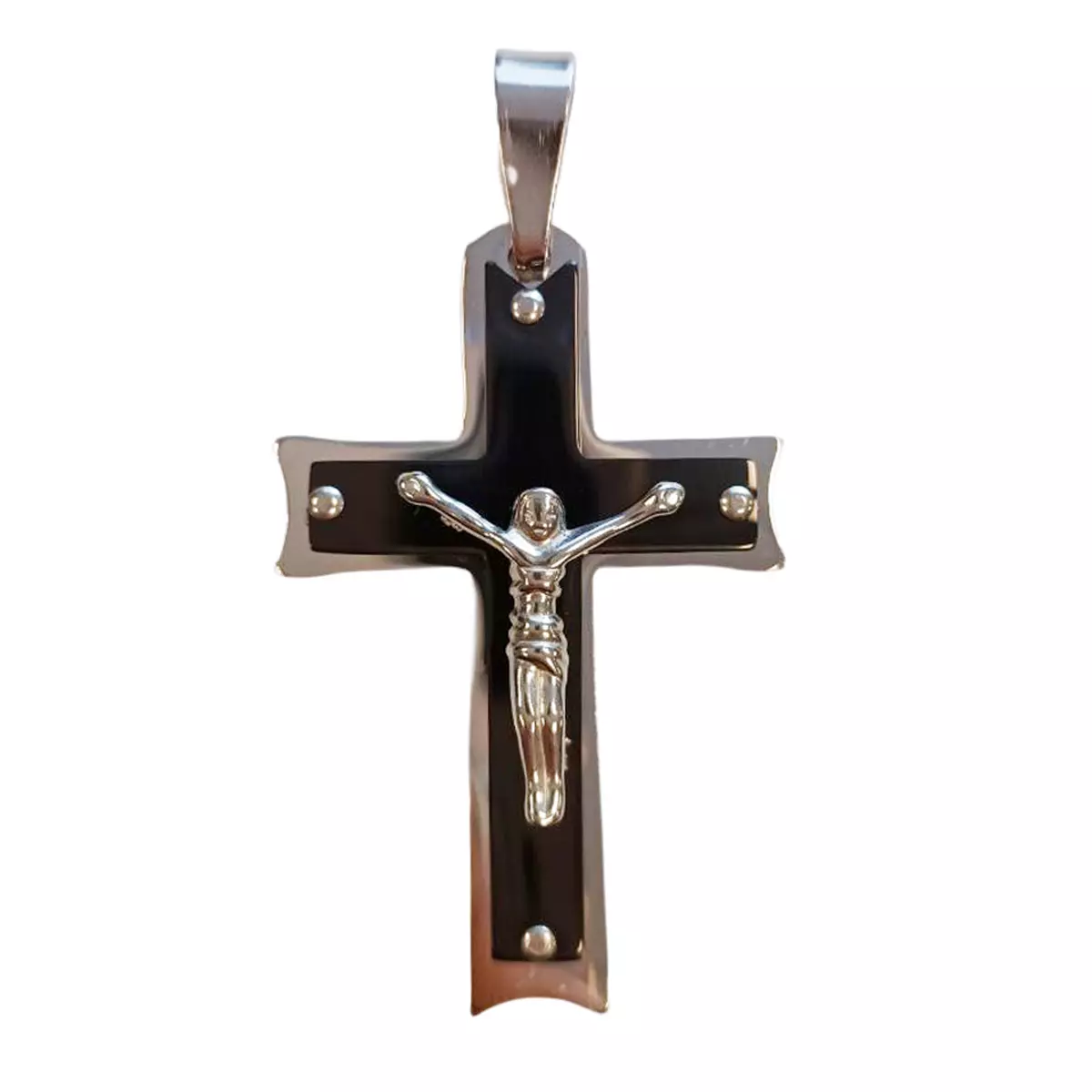 les trésors de lily Pendentif acier 'Crucifix' noir argenté 60x40 mm [R8051]