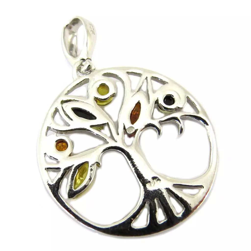 Les Trésors De Lily Pendentif Argent 'Arbre De Vie' Ambre 3 Tons (rhodié) 25 Mm [P3335]