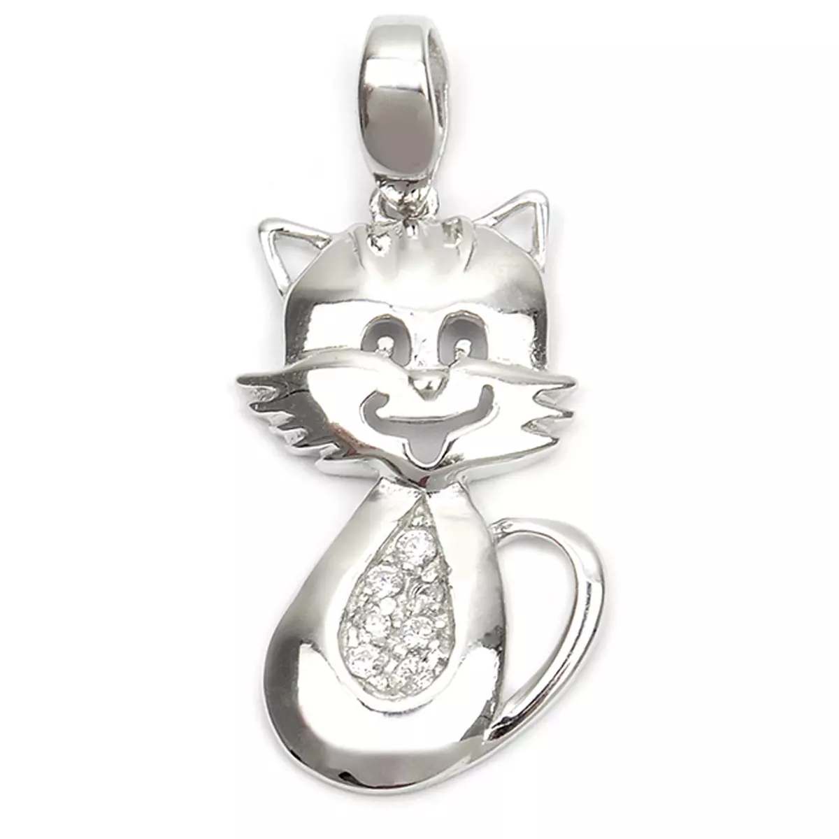 les trésors de lily Pendentif argent 'Chat Minou' blanc argenté (rhodié) 25x10 mm [Q9425]