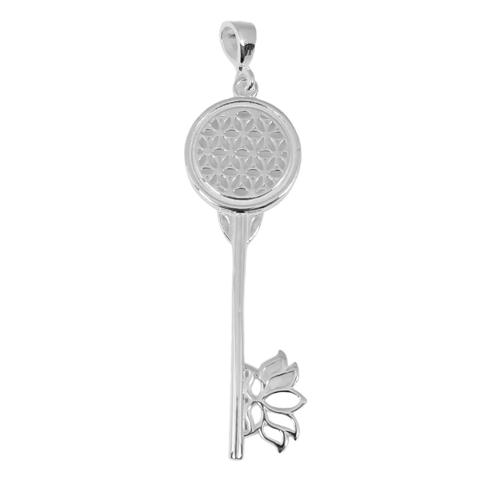 les trésors de lily Pendentif Argent 'Clé Fleur de Vie' blanc argenté (rhodié) 45x15 mm [S0460]
