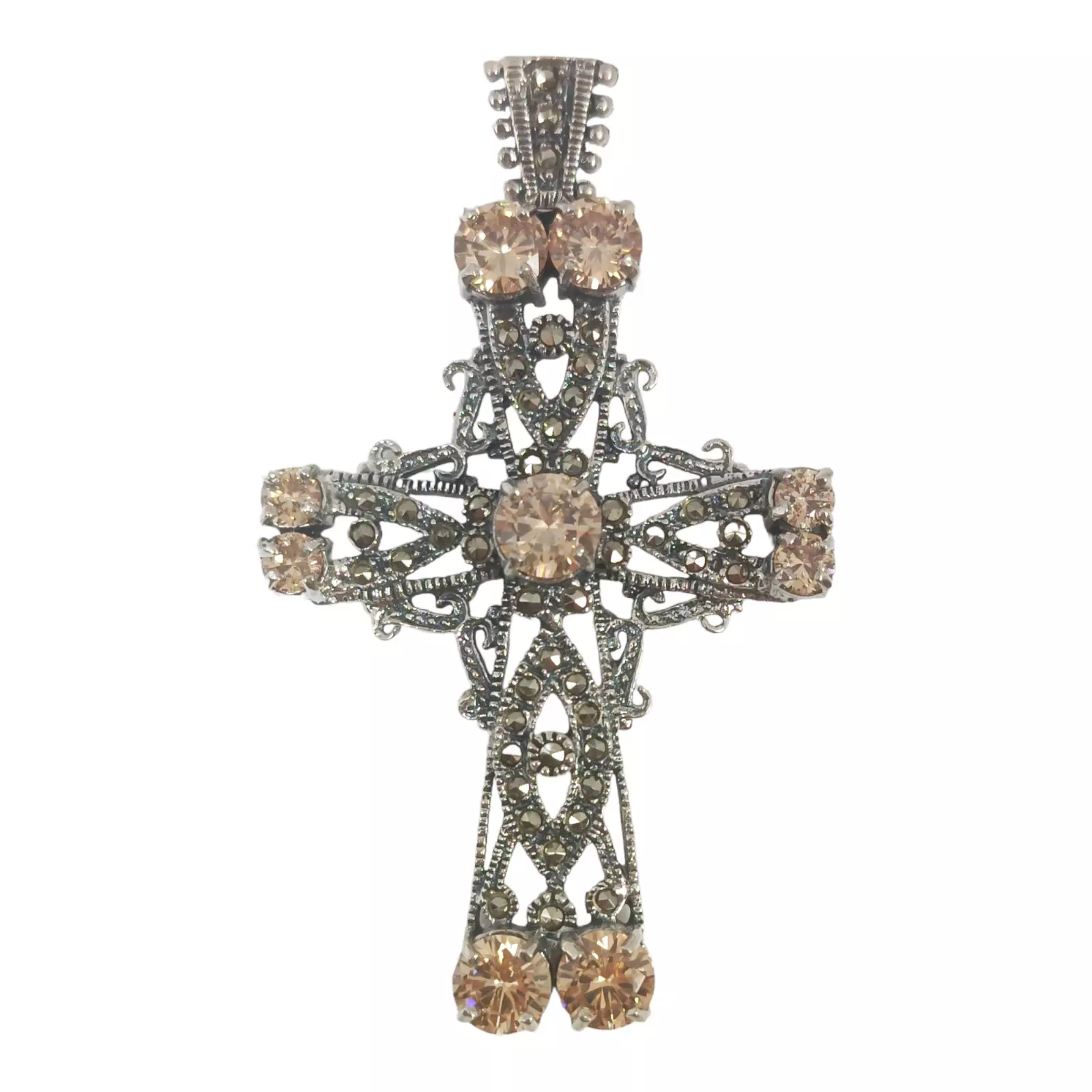 les trésors de lily Pendentif Argent 'Croix' beige gris marcassite argenté 47x33 mm [S0564]