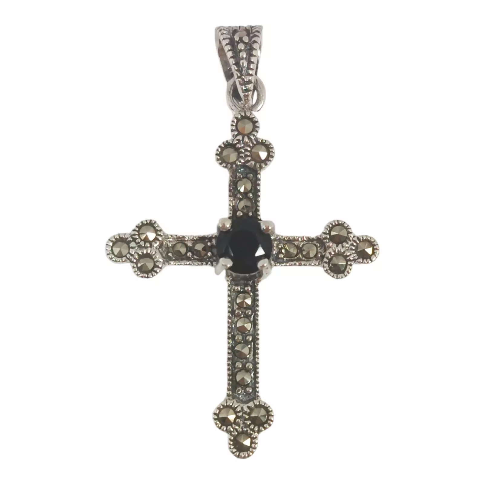 les trésors de lily Pendentif Argent 'Croix Orthodoxe' noir marcassite argenté vieilli 30x25 mm [S0568]