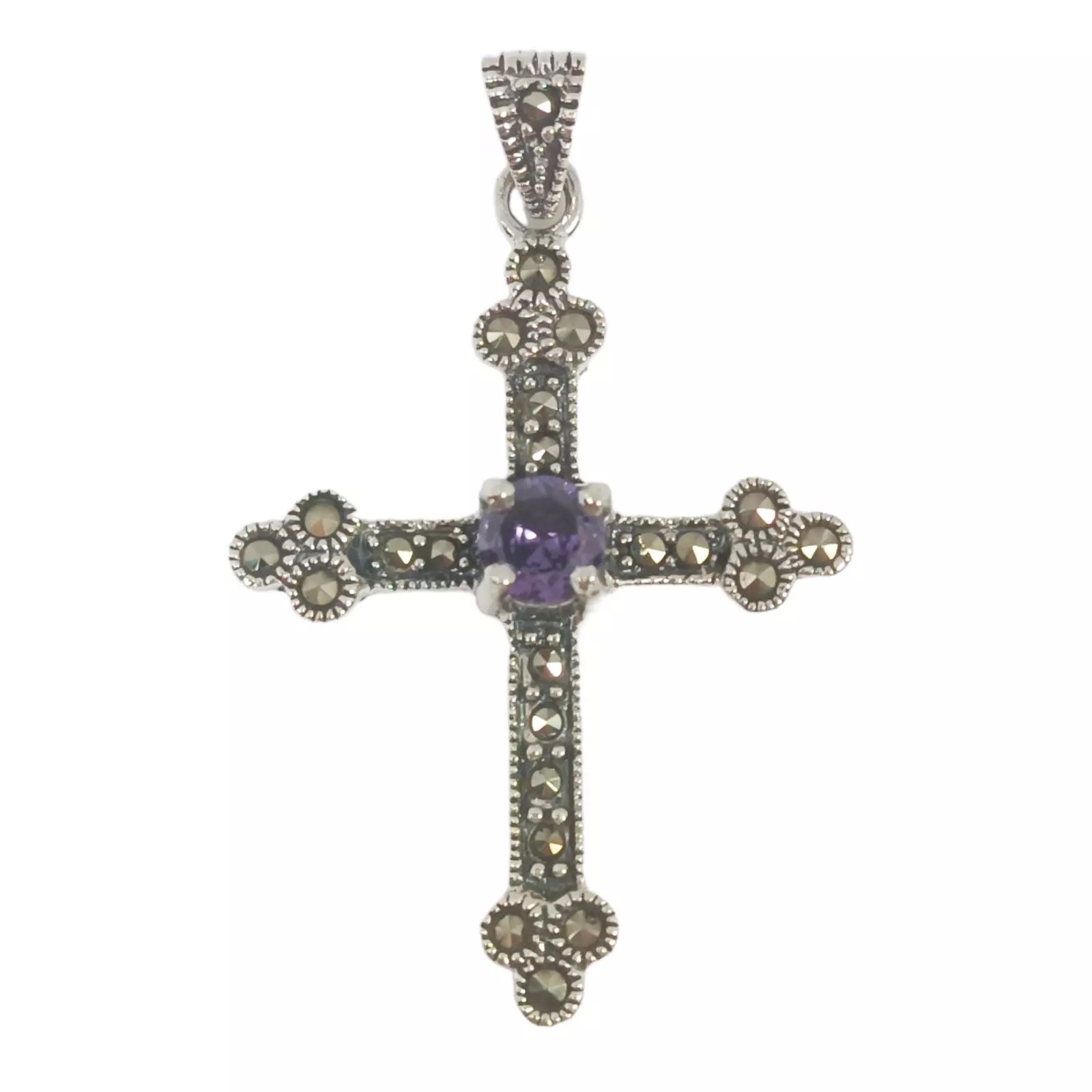 les trésors de lily Pendentif Argent 'Croix Orthodoxe' violet marcassite argenté vieilli 30x25 mm [S0567]