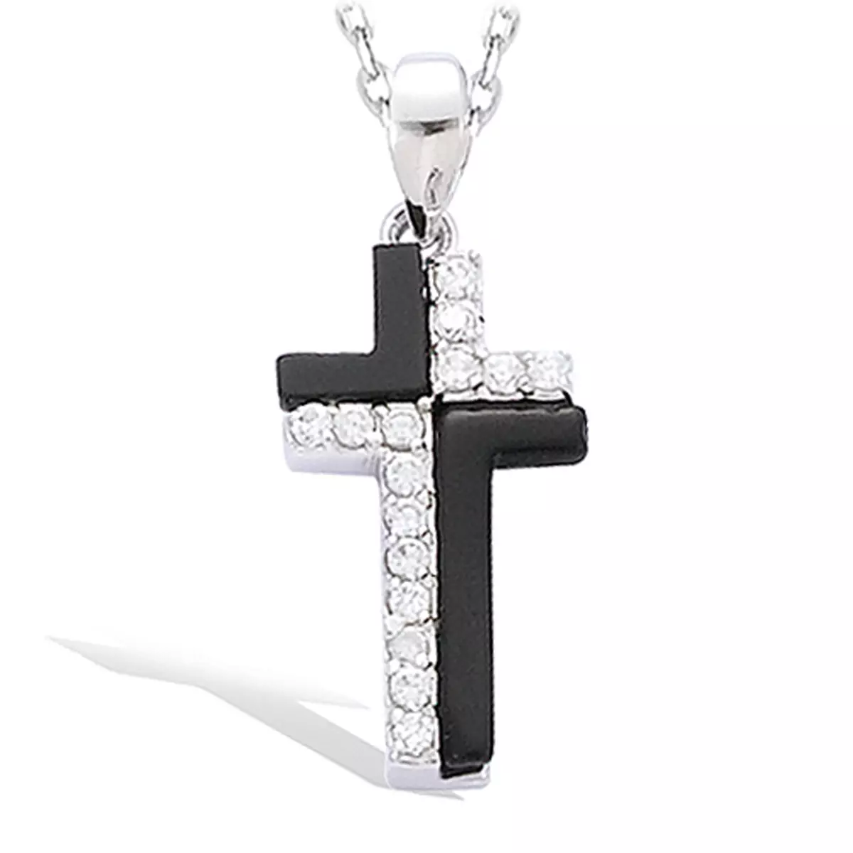 les trésors de lily Pendentif Argent 'Croix Pureté' noir blanc (rhodié) 20x10 mm (onyx) [I3652]