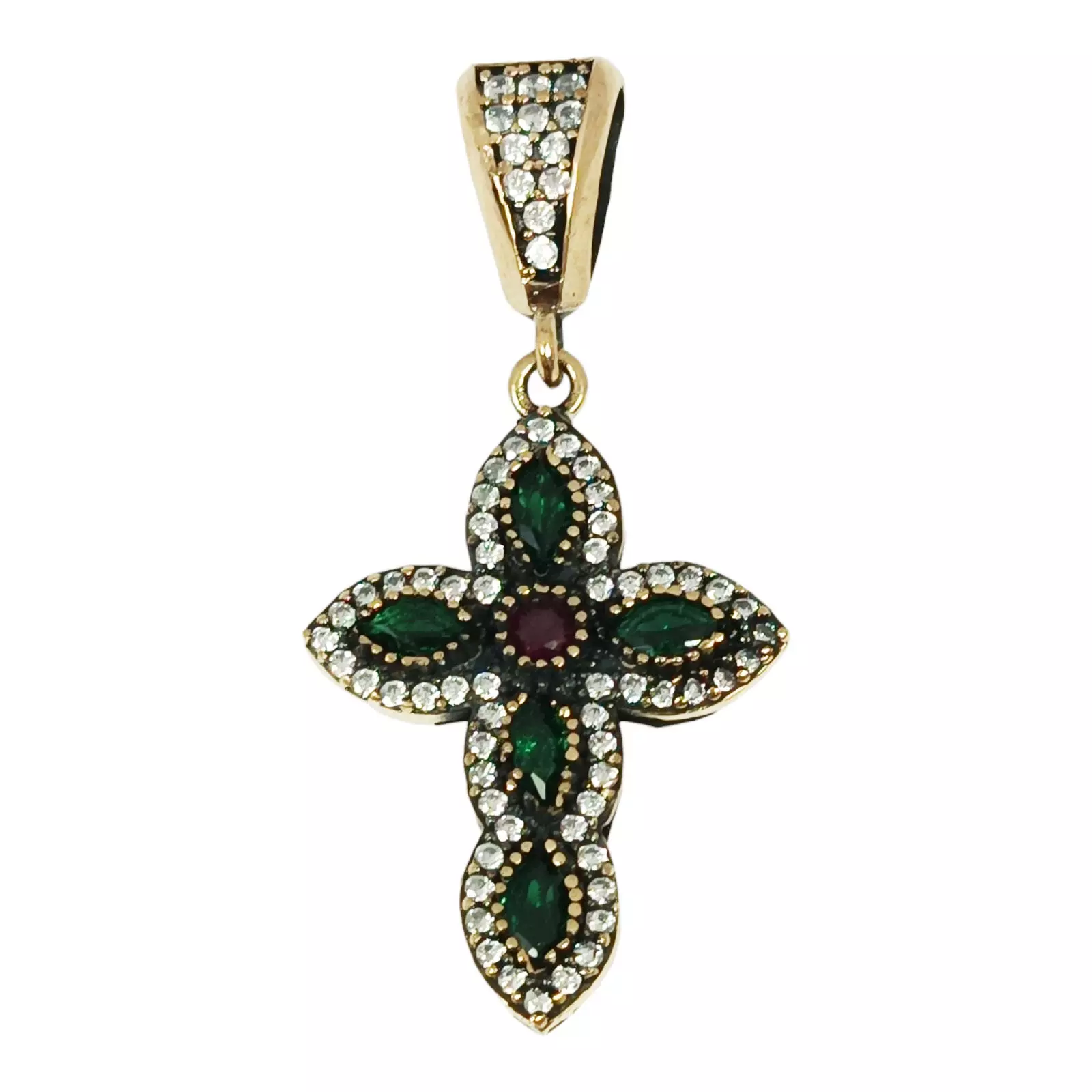 les trésors de lily Pendentif Argent 'Croix' vert doré 28x22 mm [S0799]