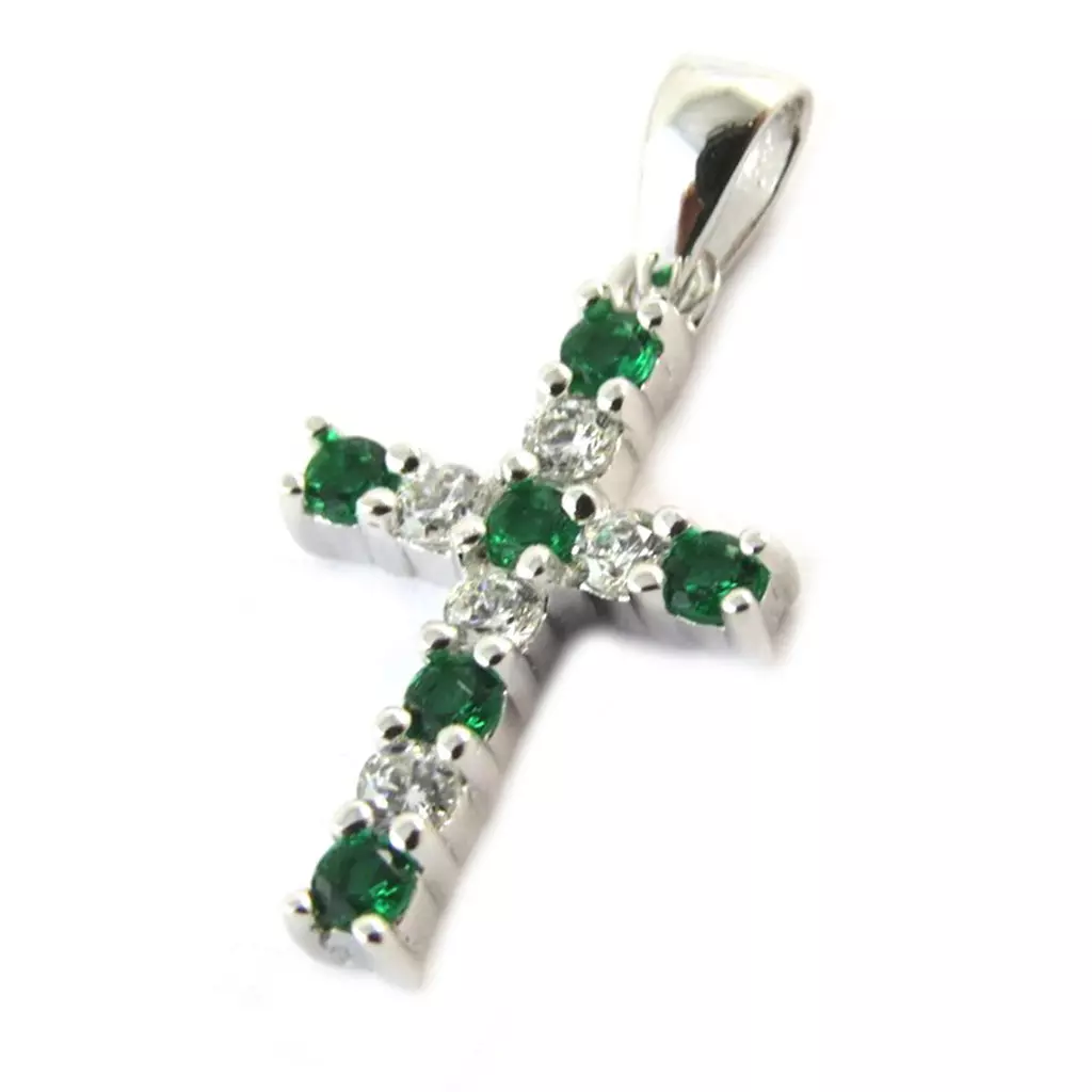 les trésors de lily Pendentif Argent 'Croix' vert émeraude blanc argenté (rhodié) 15x10 mm [N5364]