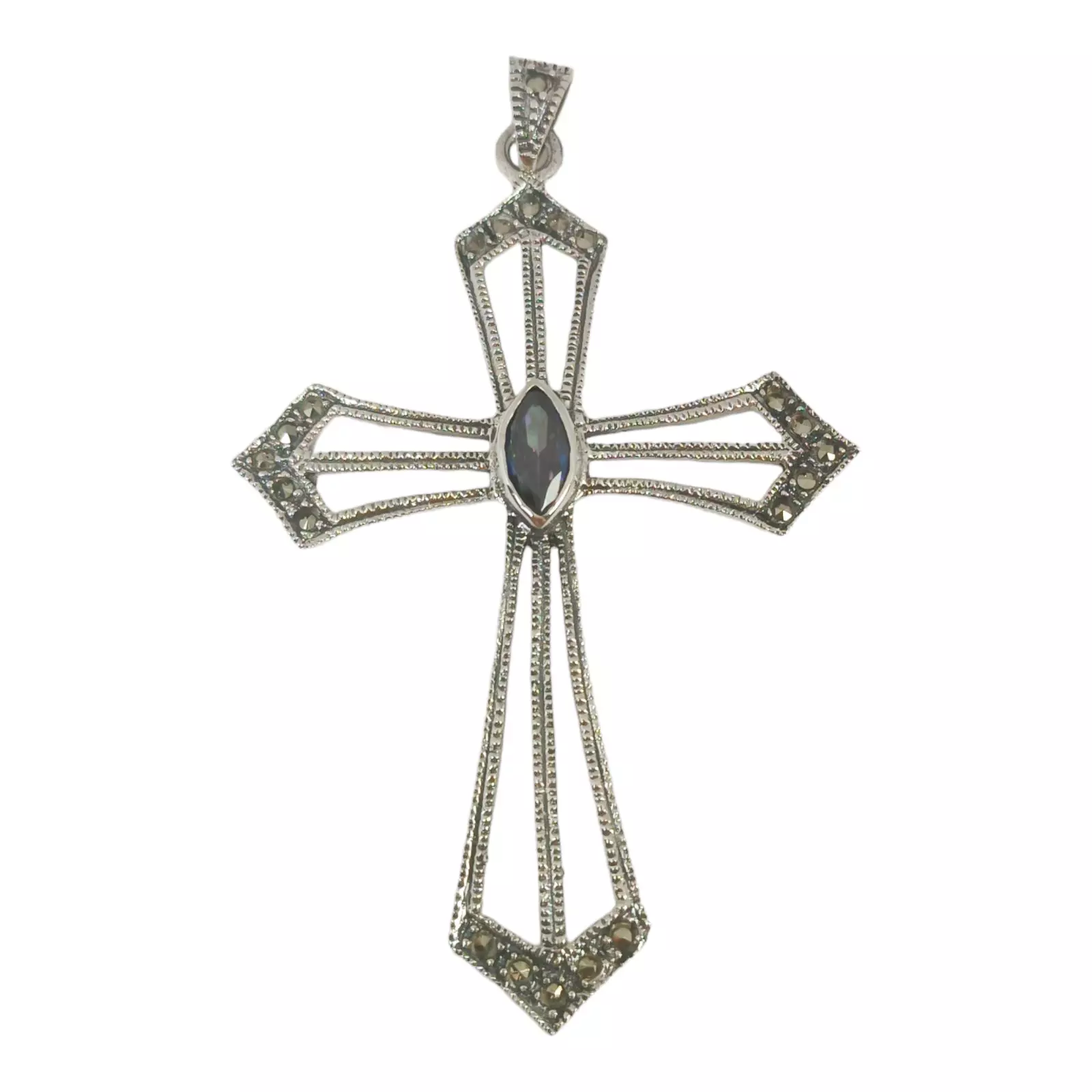 Les Trésors De Lily Pendentif Argent 'Croix' Violet Gris Marcassite Argenté 55x38 Mm [S0565]