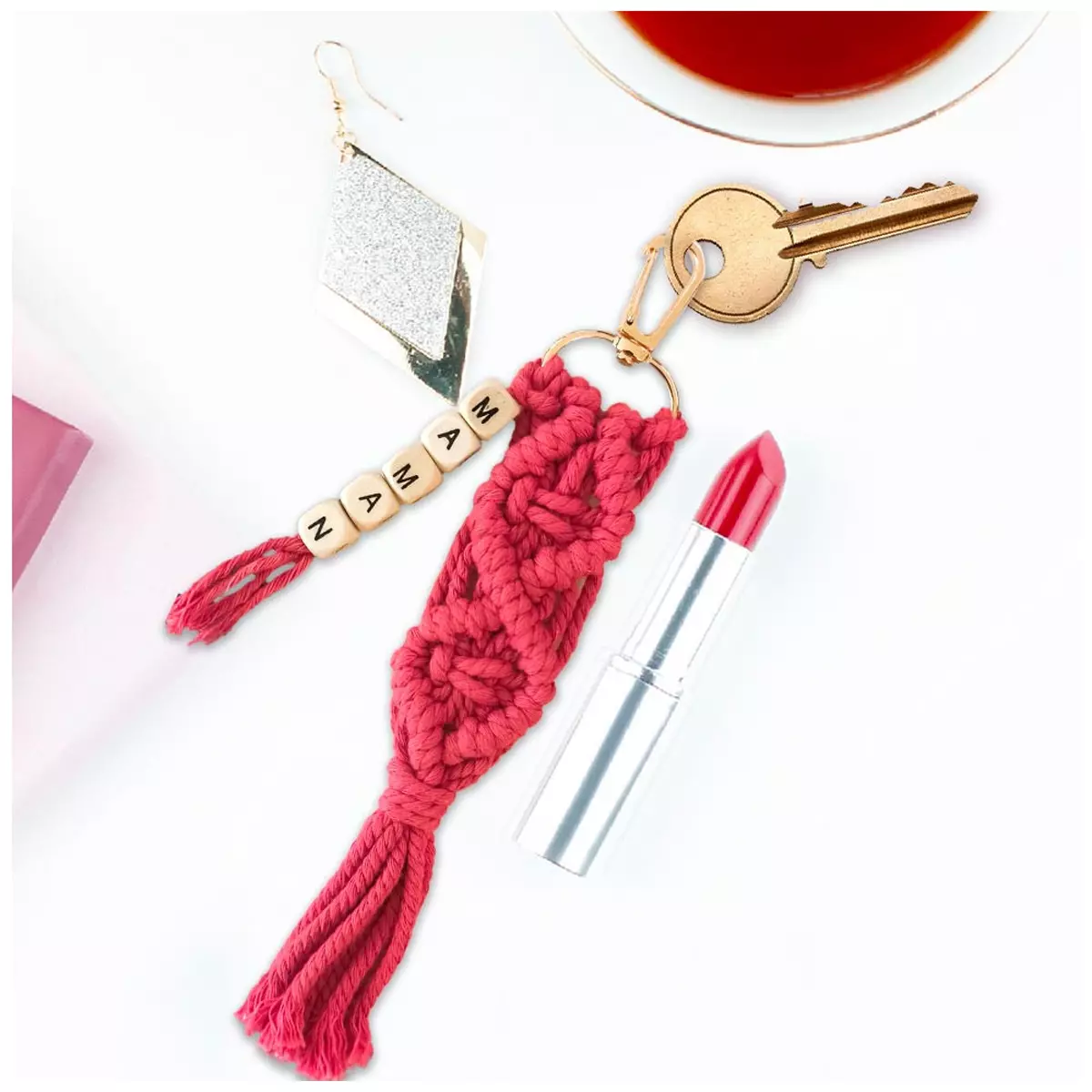 Les Trésors De Lily Porte Clés / Bijoux De Sac 'Macramé' Rose (Maman) 19x8 Cm [R6847]