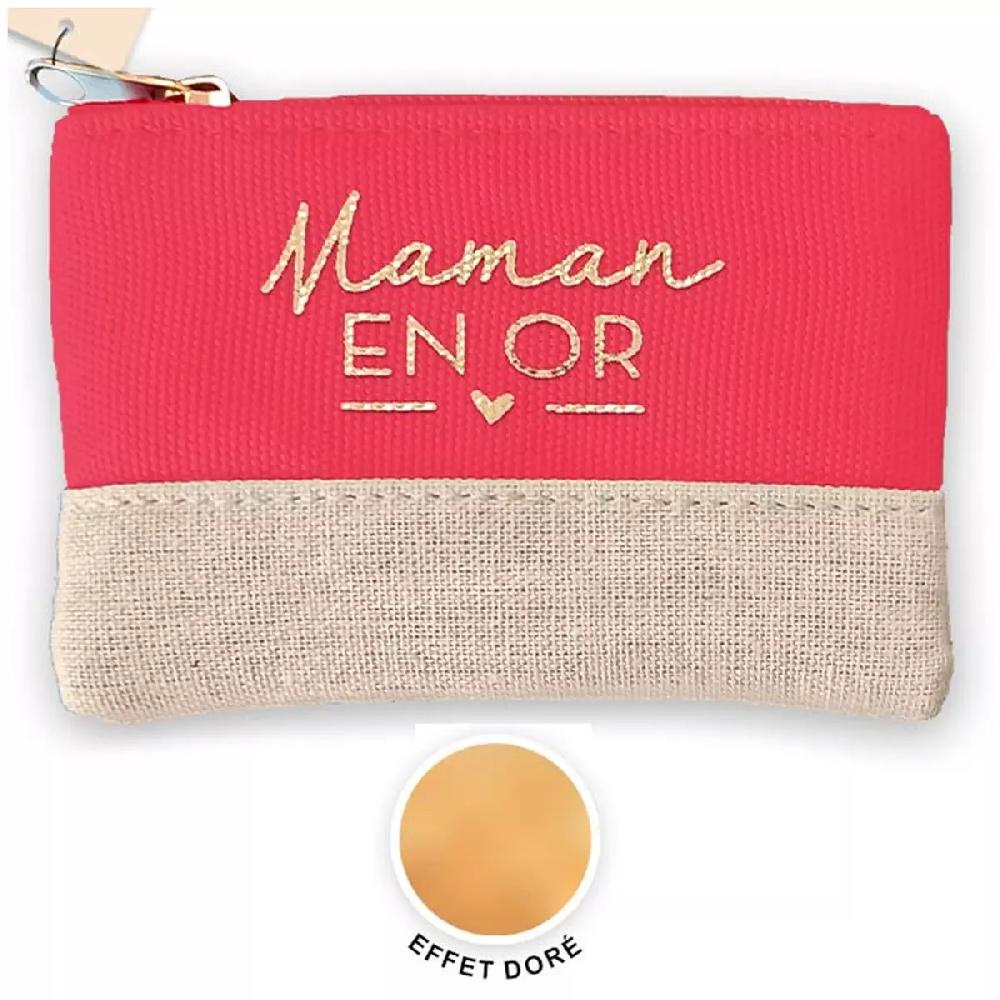 Les Trésors De Lily Porte Monnaie Toile 'Maman En Or' Rose Corail Beige 12x8 Cm [A2934]