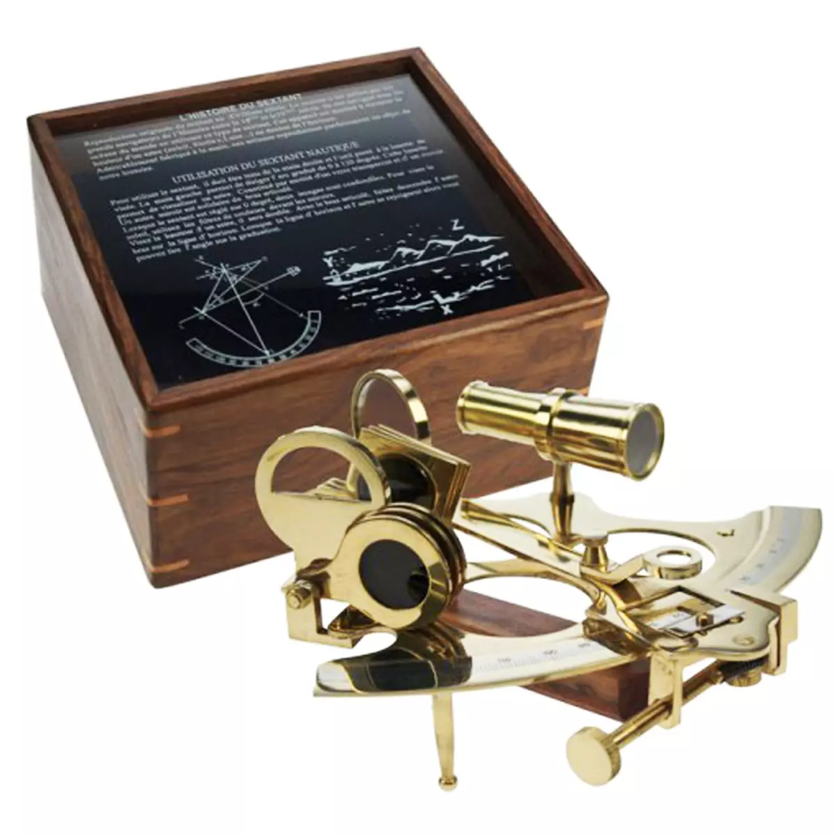 les trésors de lily Reproduction 'Sextant' doré dans boite bois 25x23x12 cm [Q7127]