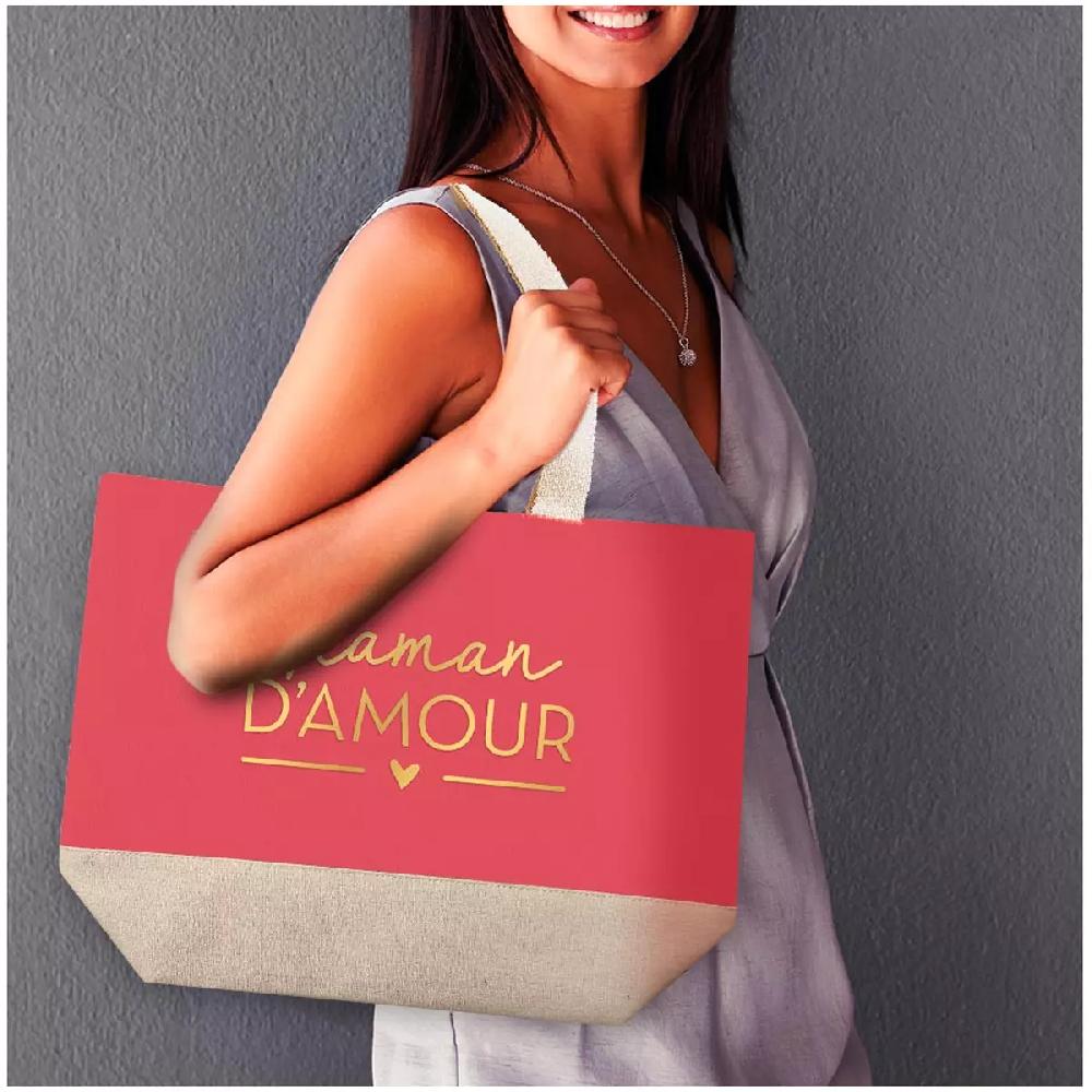 Les Trésors De Lily Sac Cabas Toile 'Maman D'Amour' Rose Corail Beige 52x38 Cm [A2935]