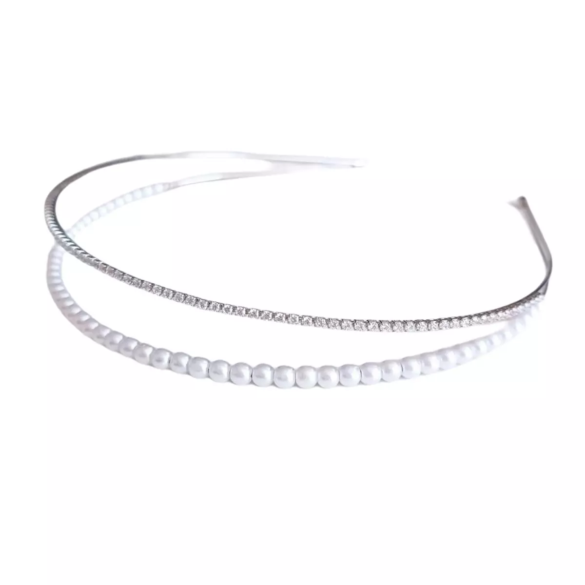 les trésors de lily Serre Tête créateur 'Sissi' blanc argenté 2 rangs perles 4 mm [R7525]