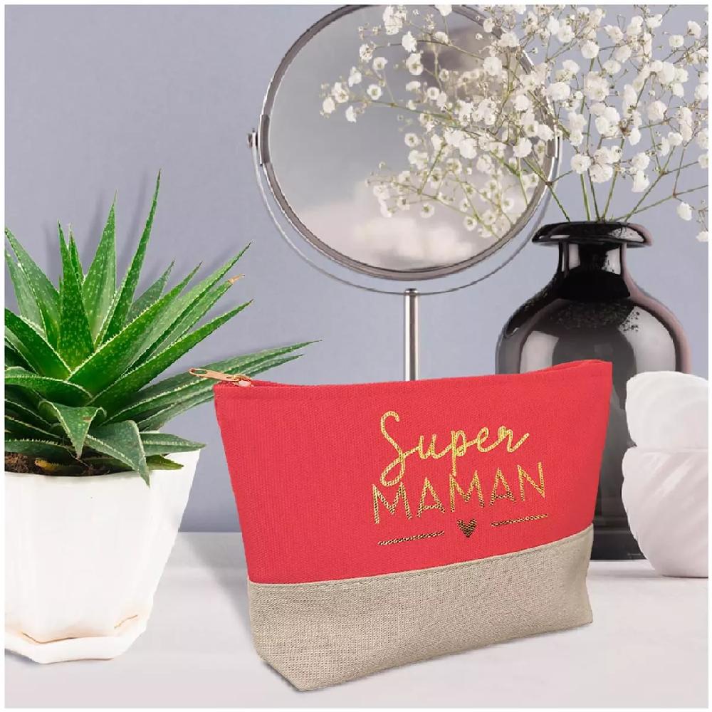 Les Trésors De Lily Trousse à Maquillage Toile 'Super Maman' Framboise Beige 24x17 Cm [A2093]