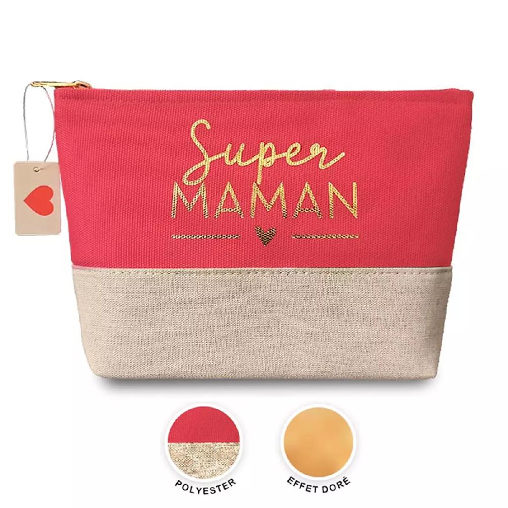 Les Trésors De Lily Trousse à Maquillage Toile 'Super Maman' Framboise Beige 24x17 Cm [A2093]